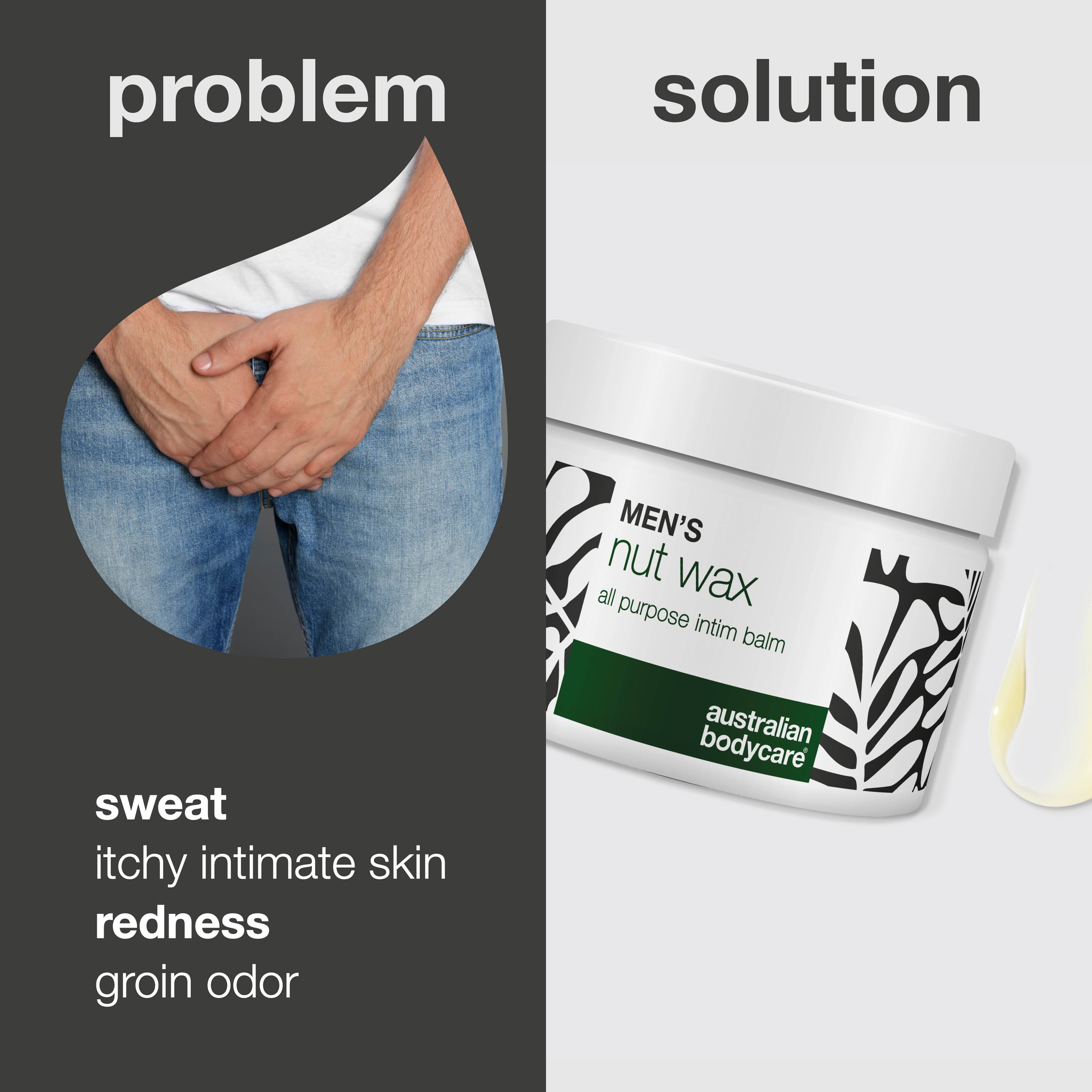 Miesten intiimivaha auttaa hikoiluun, kitkaan ja hajuihin. Rauhoittaa ihoa ja pitää intiimialueen kuivana sheavoin, skvalaanin ja bisabololin avulla.