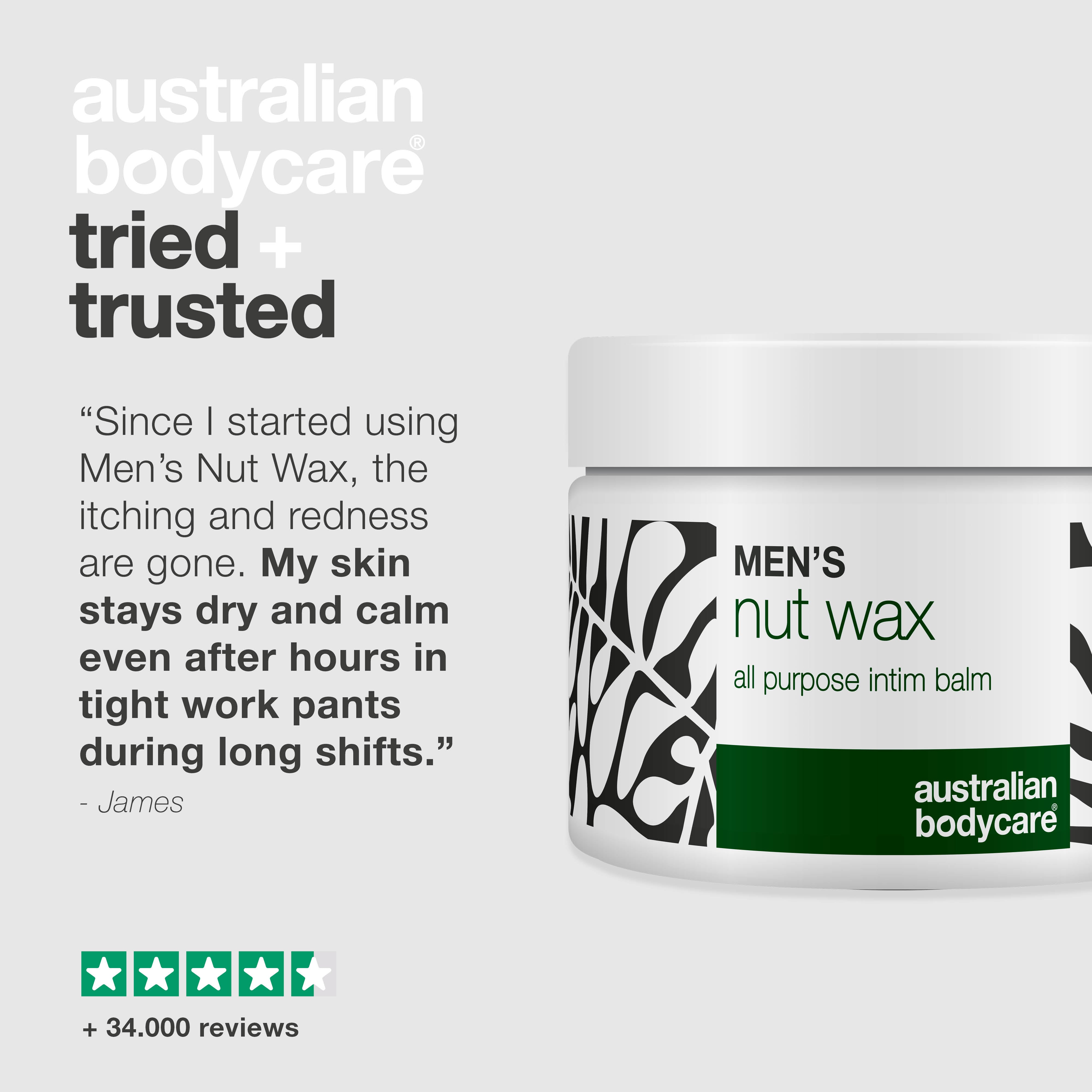 Miesten intiimivaha auttaa hikoiluun, kitkaan ja hajuihin. Rauhoittaa ihoa ja pitää intiimialueen kuivana sheavoin, skvalaanin ja bisabololin avulla.