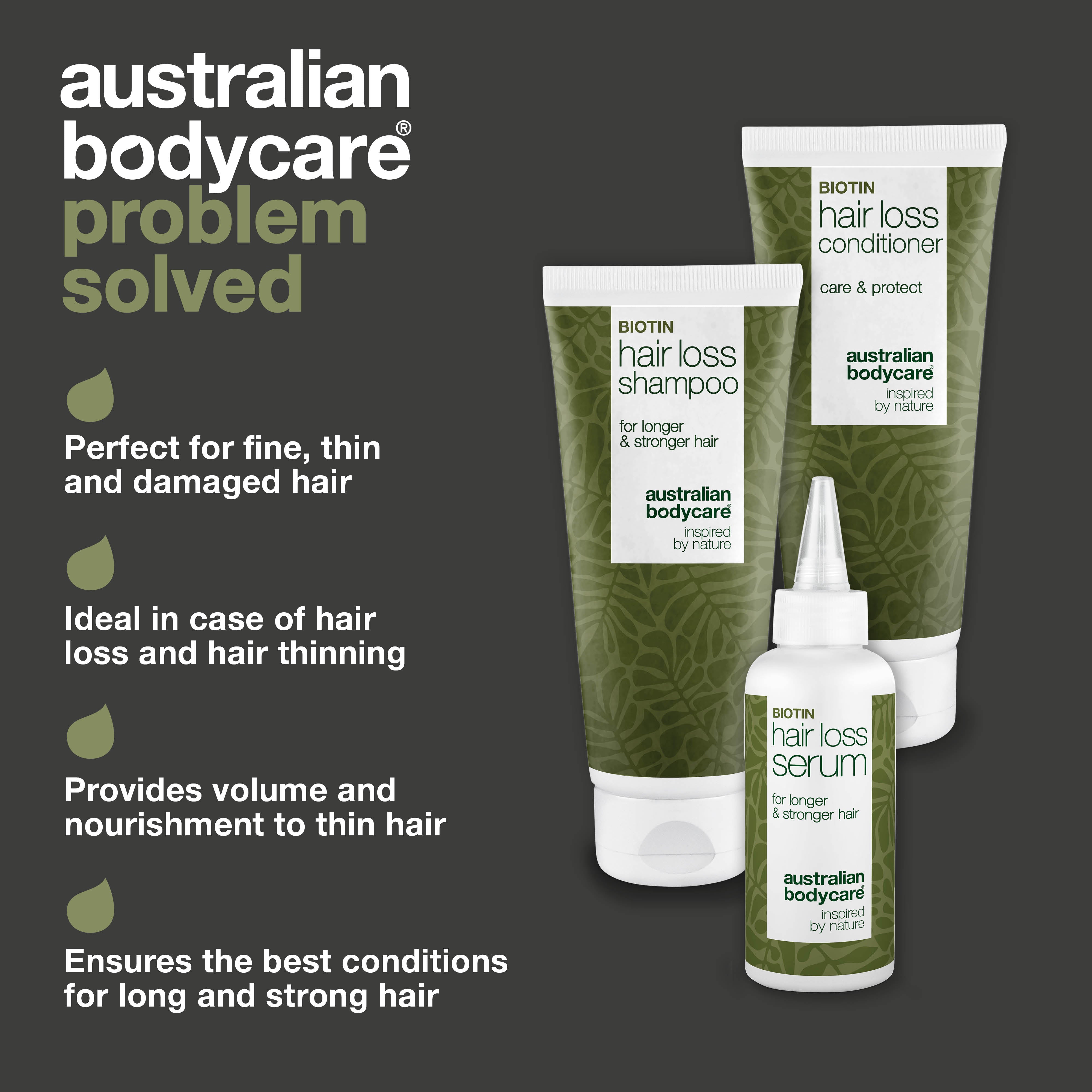 Hårhoitopakkaus hiustenlähdölle — Kolme tuotetta ohuille ja harvenneille hiuksille, luonnollisilla aktiiviaineilla, jotka tukevat hiusten kasvua ja vahvistavat hiuksia.