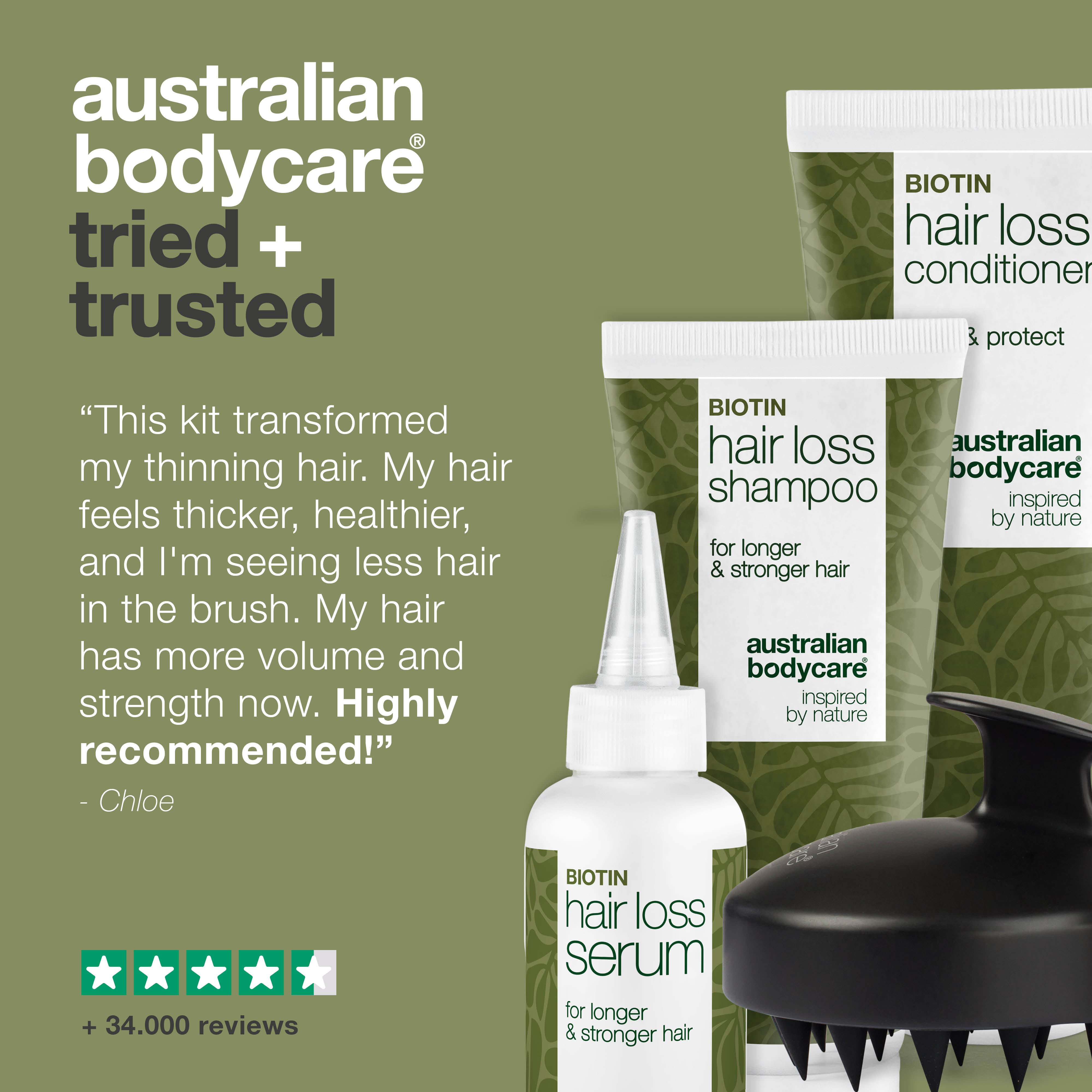 Hoitopaketti hiustenlähtöön — Luonnolliset aktiivit ravitsevat hiuksia, vähentävät hiustenlähtöä ja korjaavat vaurioita.