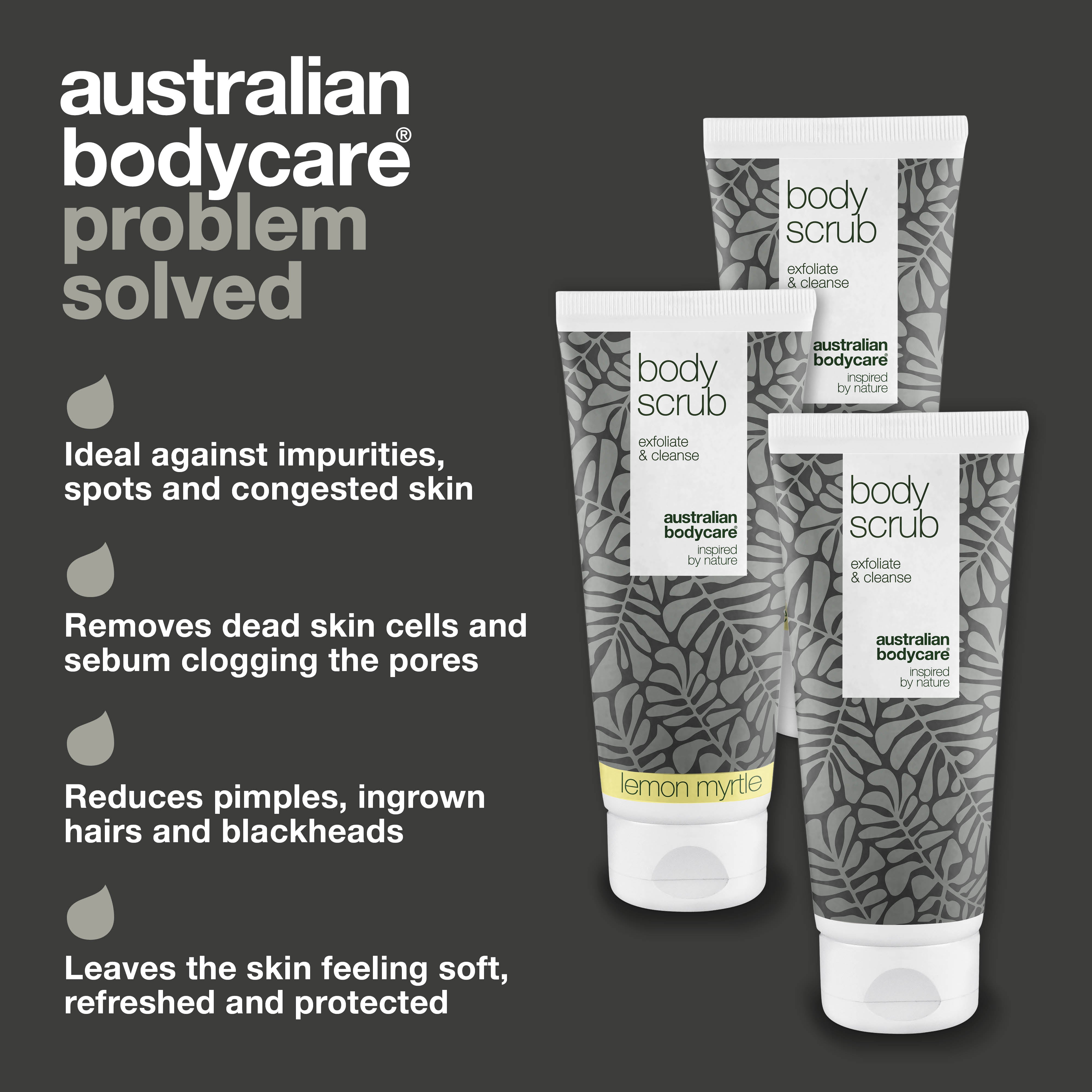 Pakkatarjous 3 Body Scrubs — Hellävarainen kuorinta luonnollisilla aktiiveilla, poistaa epäpuhtauksia ja tukkeumia.