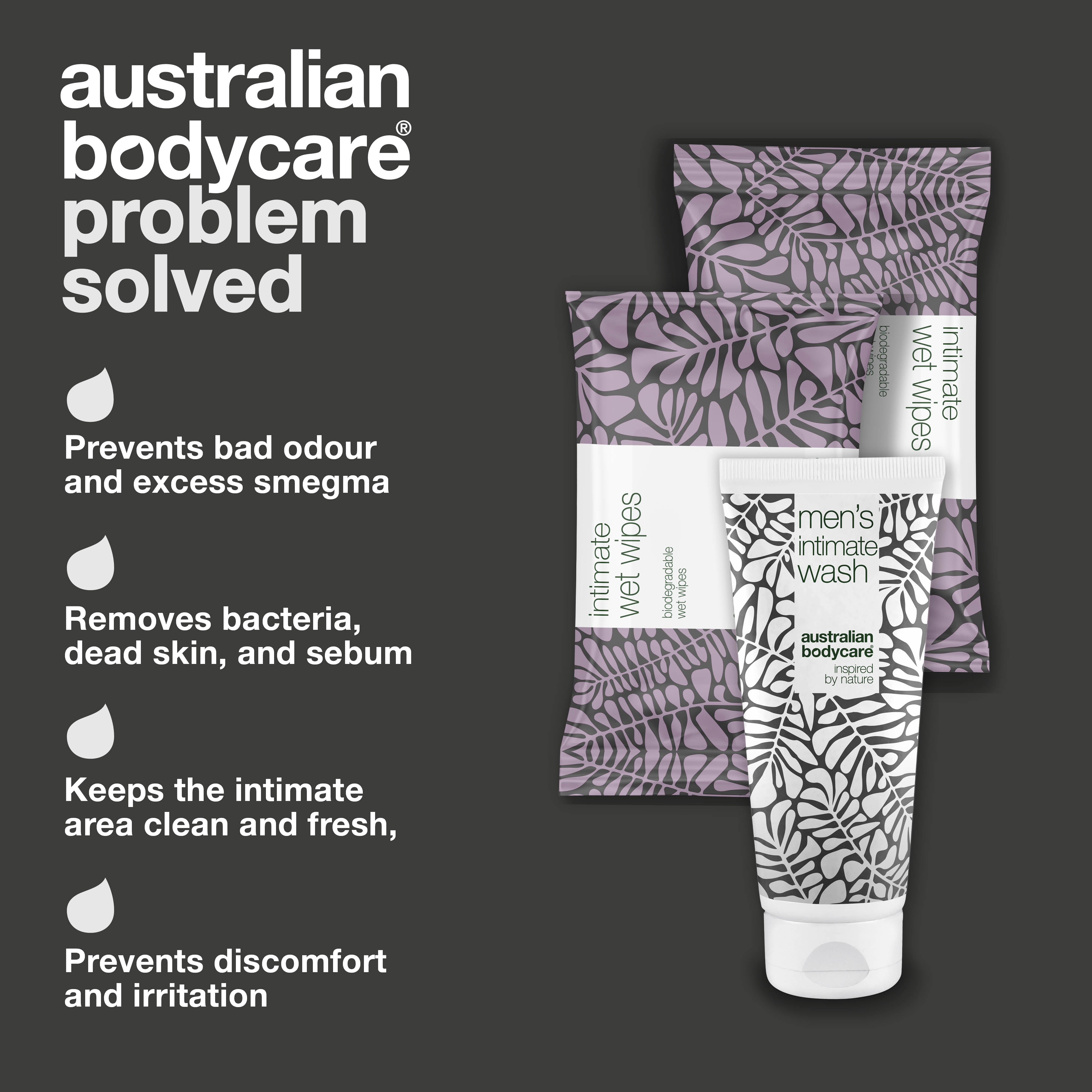 Intiimihygieniatuotepakkaus smegmaa vastaan — Puhdistaa ja ehkäisee epämiellyttävää hajua luonnollisilla ainesosilla.