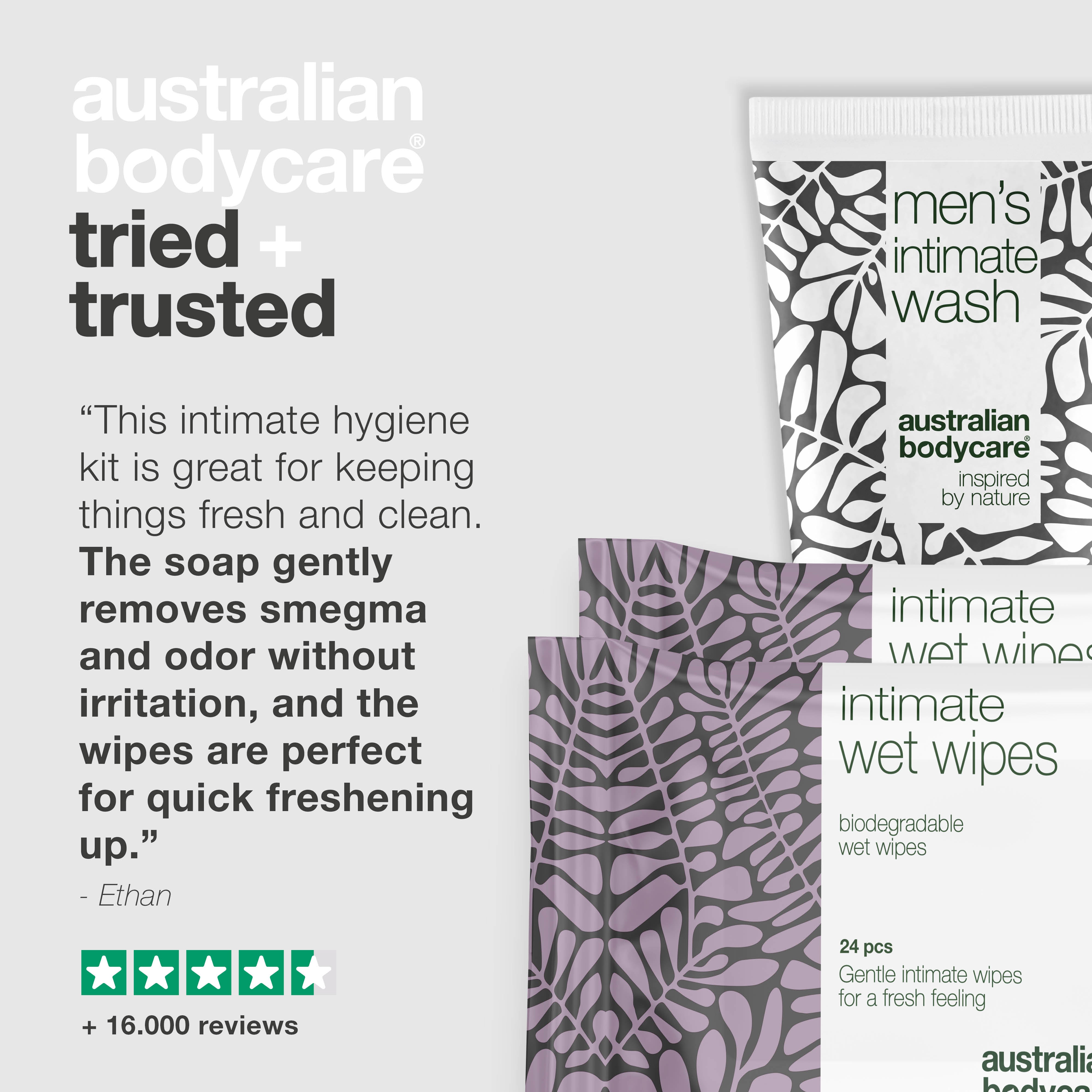 Intiimihygieniatuotepakkaus smegmaa vastaan — Puhdistaa ja ehkäisee epämiellyttävää hajua luonnollisilla ainesosilla.