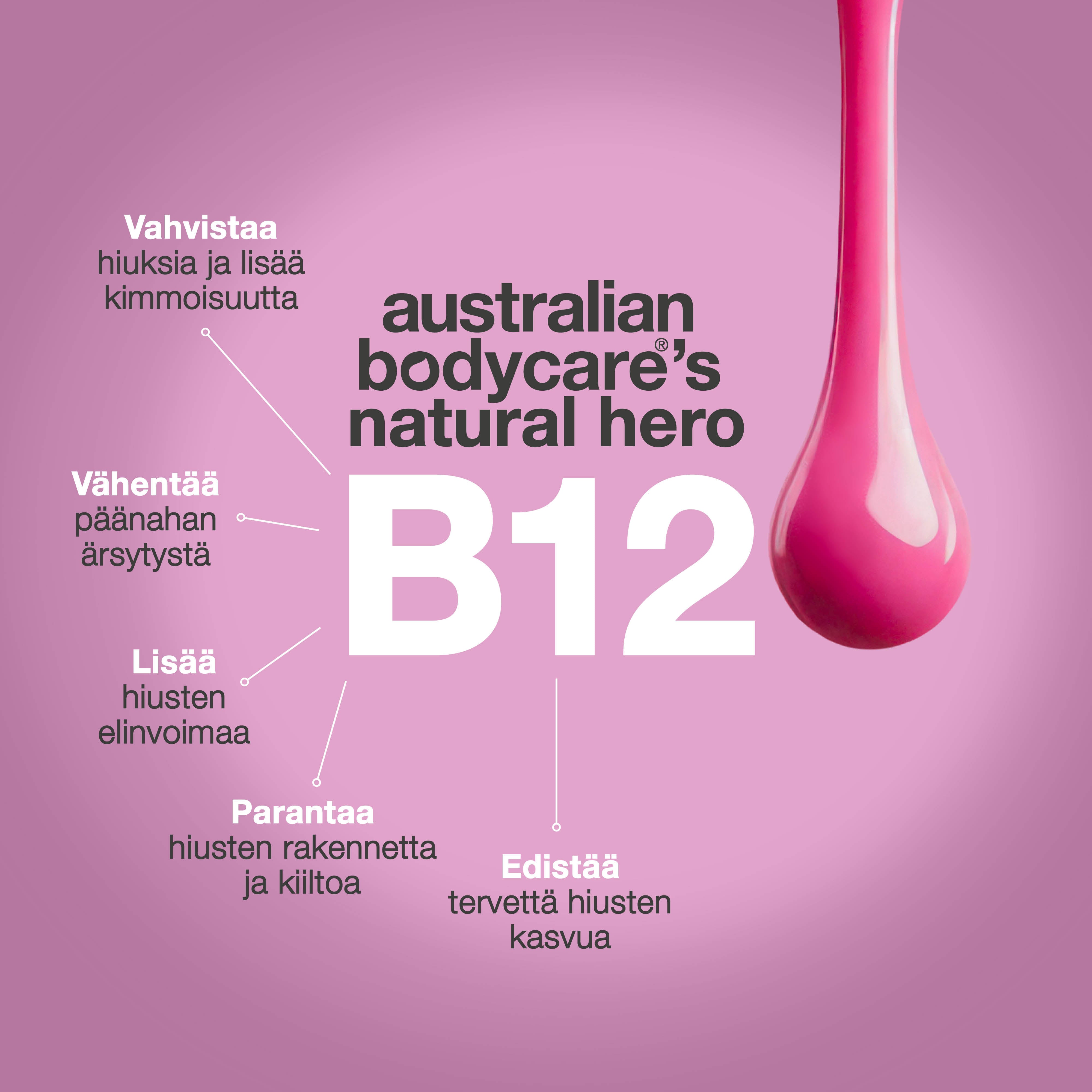 B12-vitamiini Australian Bodycarelta parantaa hiusten vahvuutta ja joustavuutta, tukee tervettä kasvua ja tuo kiiltoa