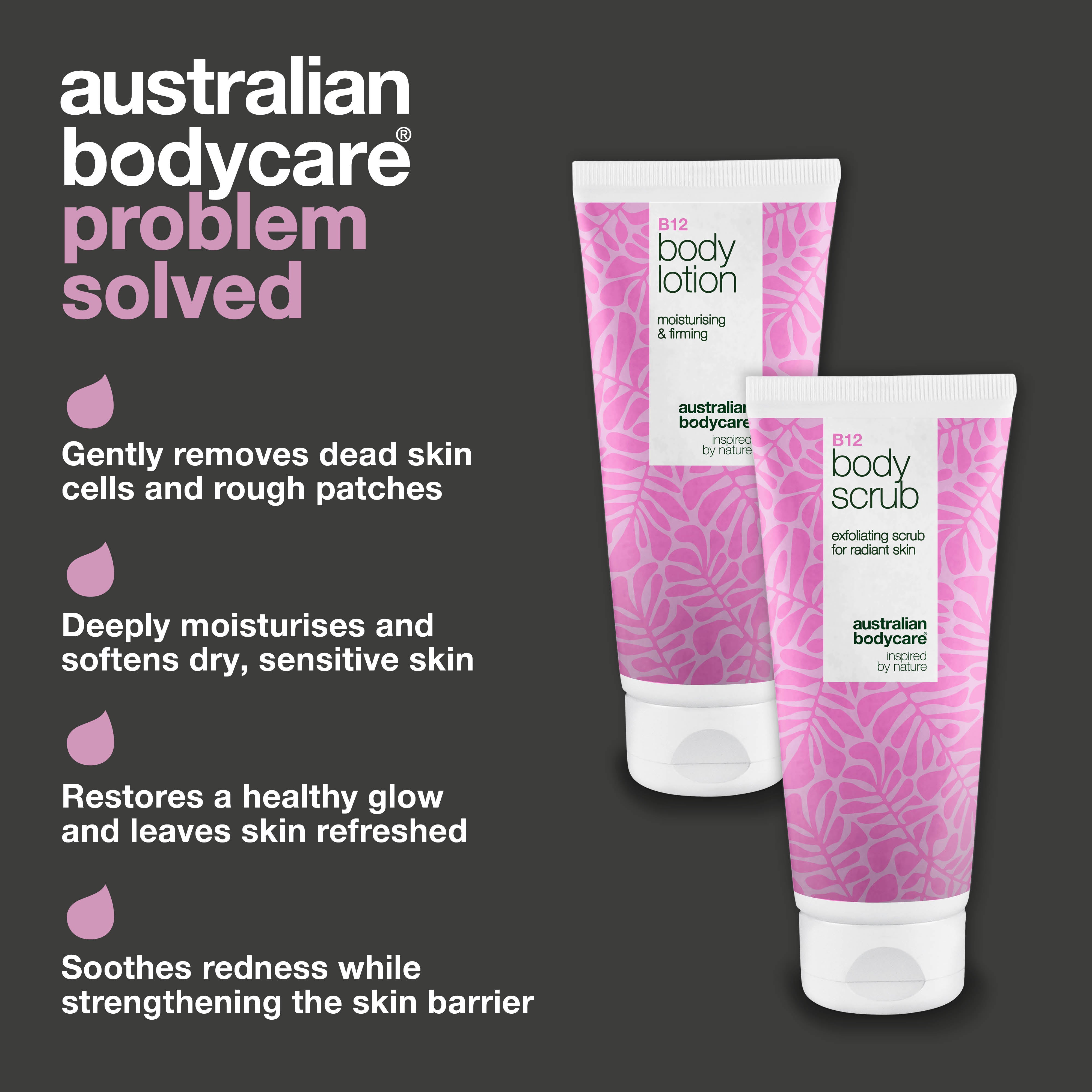 B12-ihonhoitosetti kuivalle iholle – Kuorinta & syväkosteutus — Kosteuttava B12-vartalokuorinta & emulsio kuivalle ja herkälle iholle.