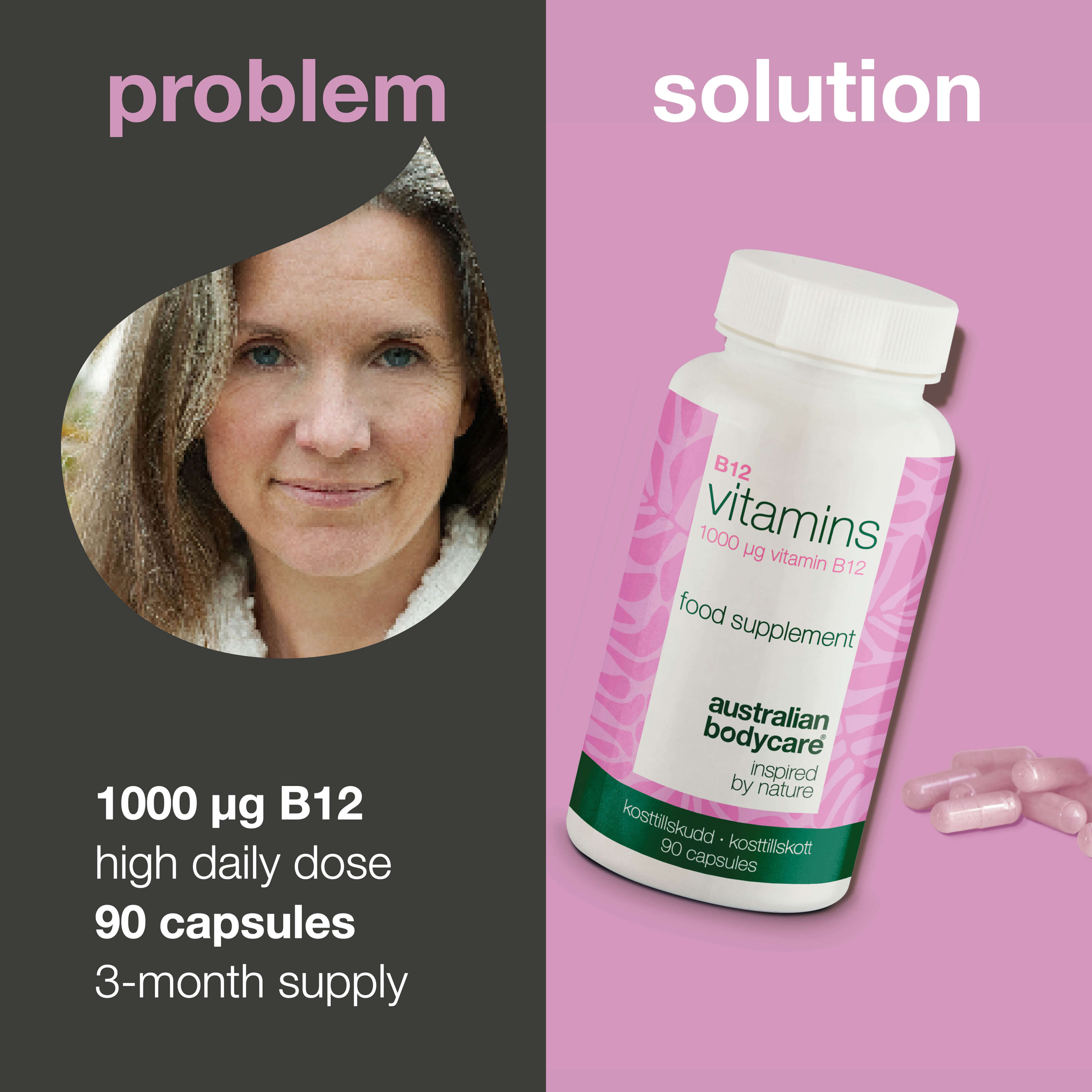 B12-vitamiinilisä – 90 vegaanista kapselia, 1000 µg — B12-vitamiini korkealla annoksella – 1000 µg per kapseli. 90 vegaanikapselia. Tukee energiaa ja sopii kasvipohjaiseen ravintoon.