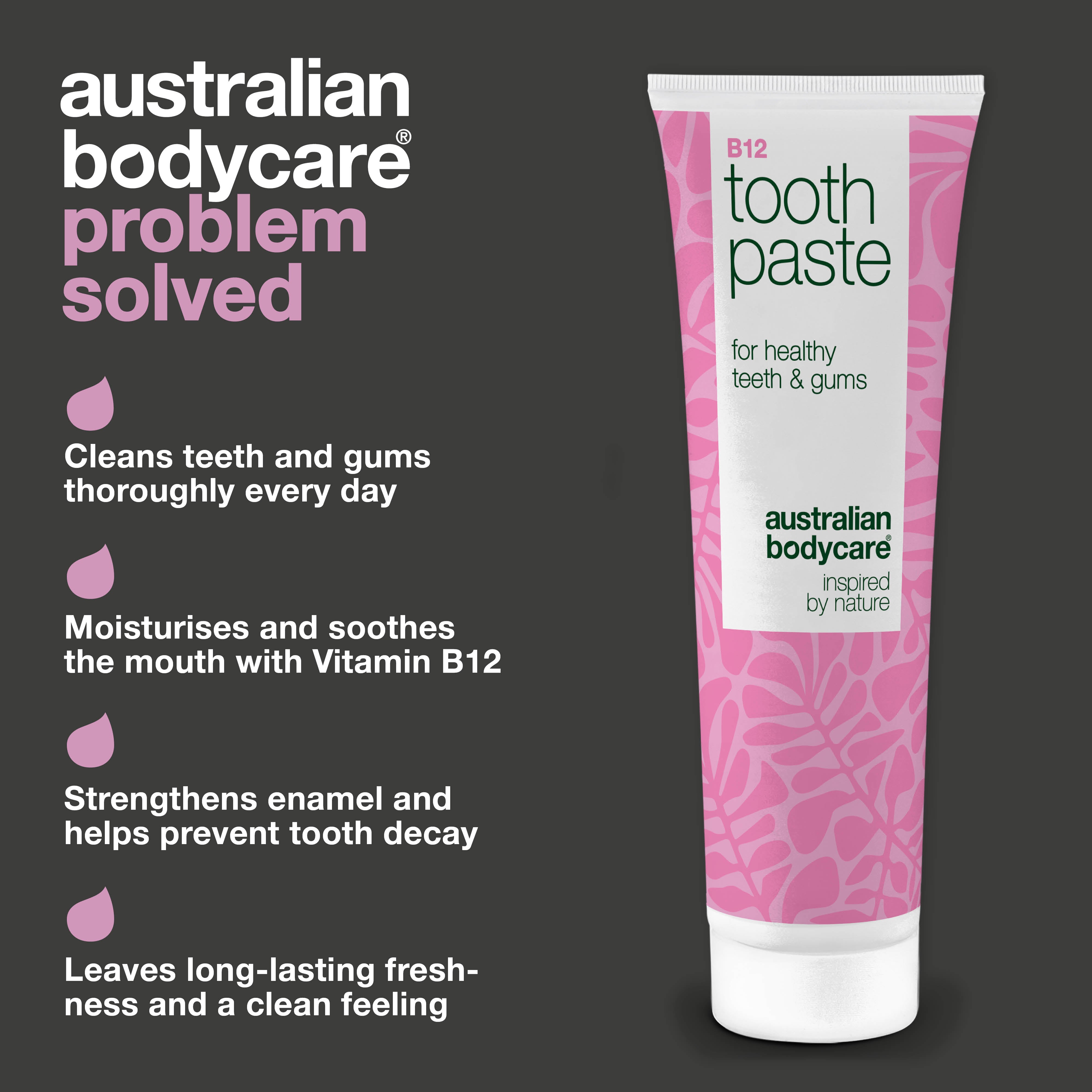 Vitamin B12 Hammastahna kosteuttaa ja suojaa suuta. Vahvistaa hampaita ja poistaa pahan hajun. Sisältää B12-vitamiinia, fluoria, sinkkiä, sitruunaa ja minttua.