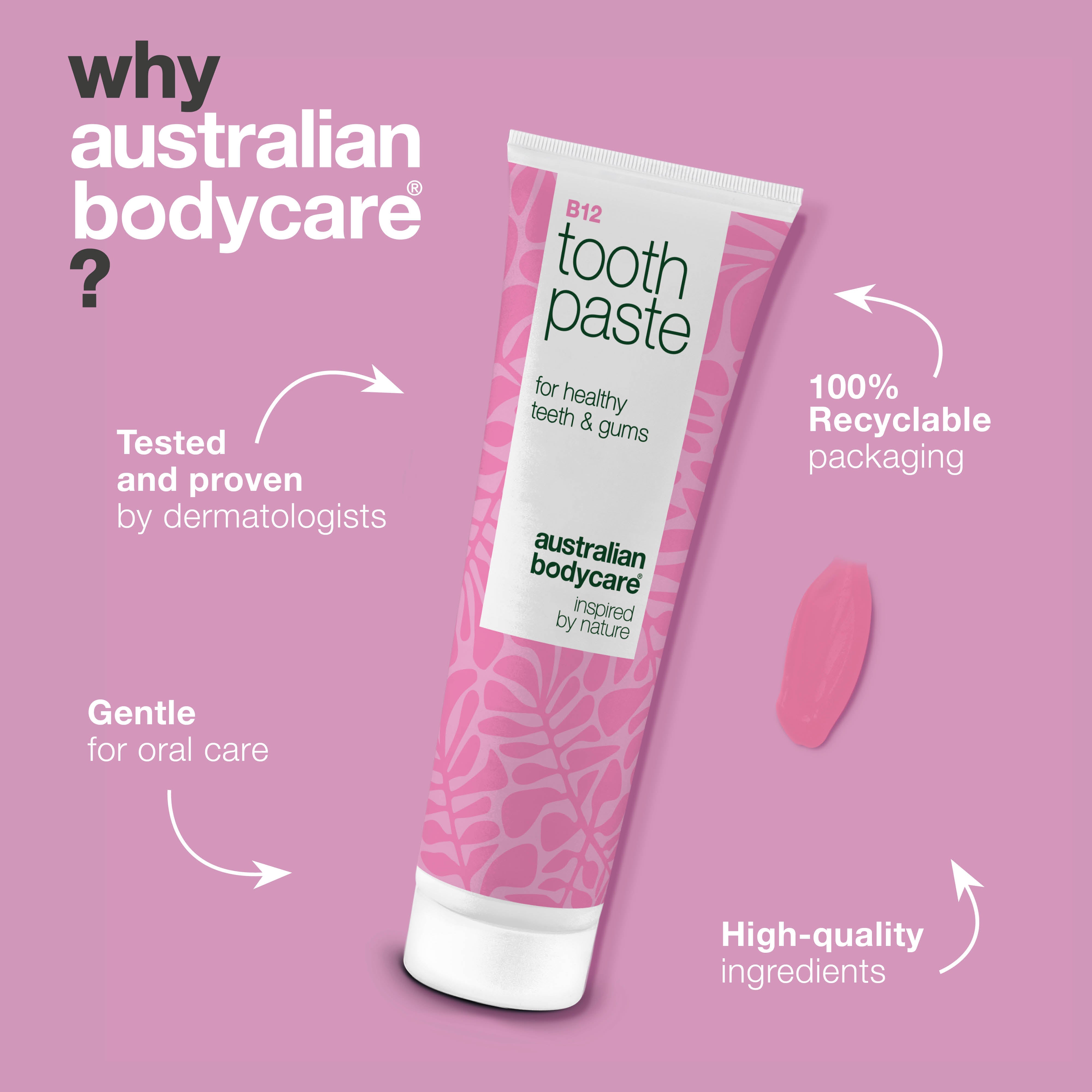 Vitamin B12 Hammastahna kosteuttaa ja suojaa suuta. Vahvistaa hampaita ja poistaa pahan hajun. Sisältää B12-vitamiinia, fluoria, sinkkiä, sitruunaa ja minttua.