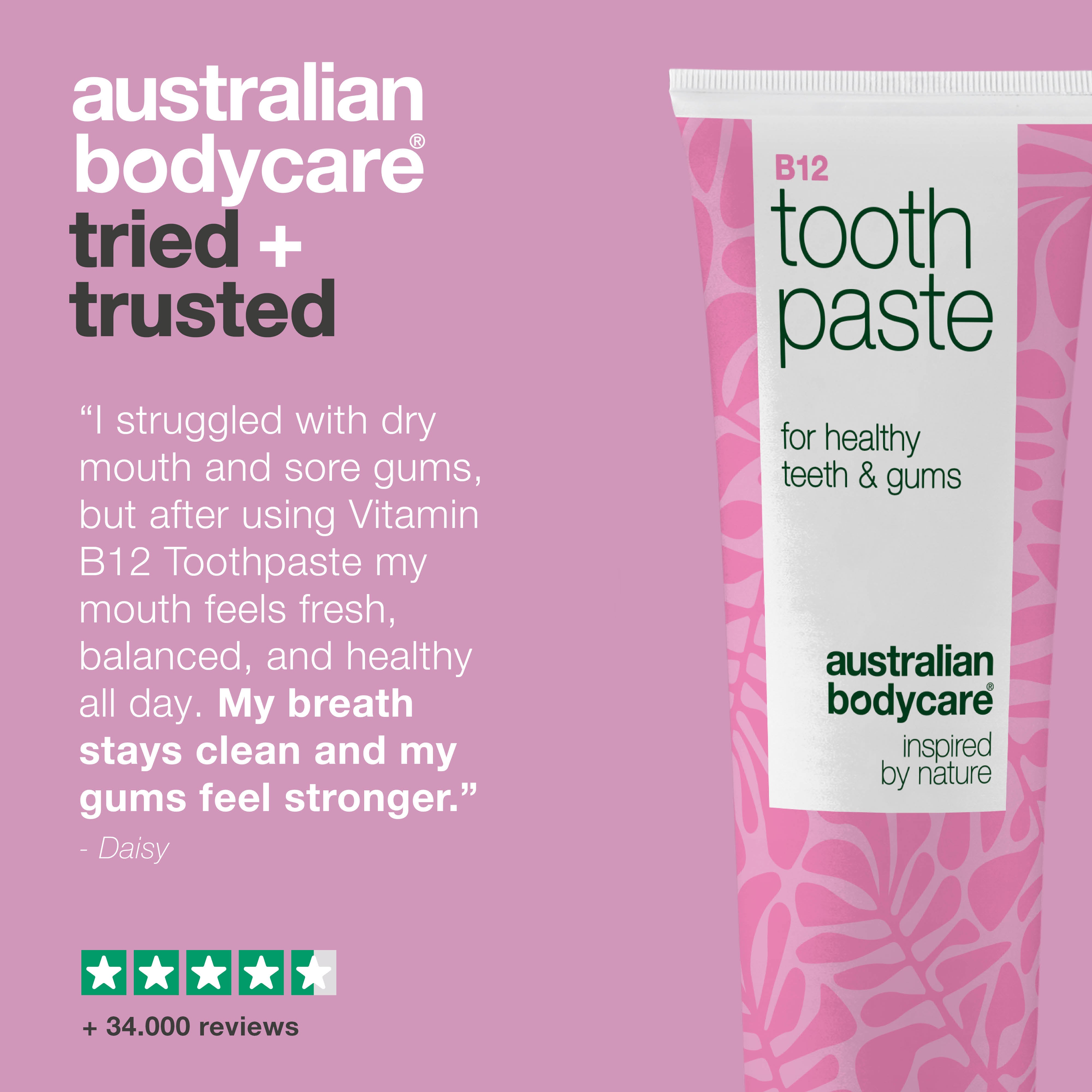 Vitamin B12 Hammastahna kosteuttaa ja suojaa suuta. Vahvistaa hampaita ja poistaa pahan hajun. Sisältää B12-vitamiinia, fluoria, sinkkiä, sitruunaa ja minttua.