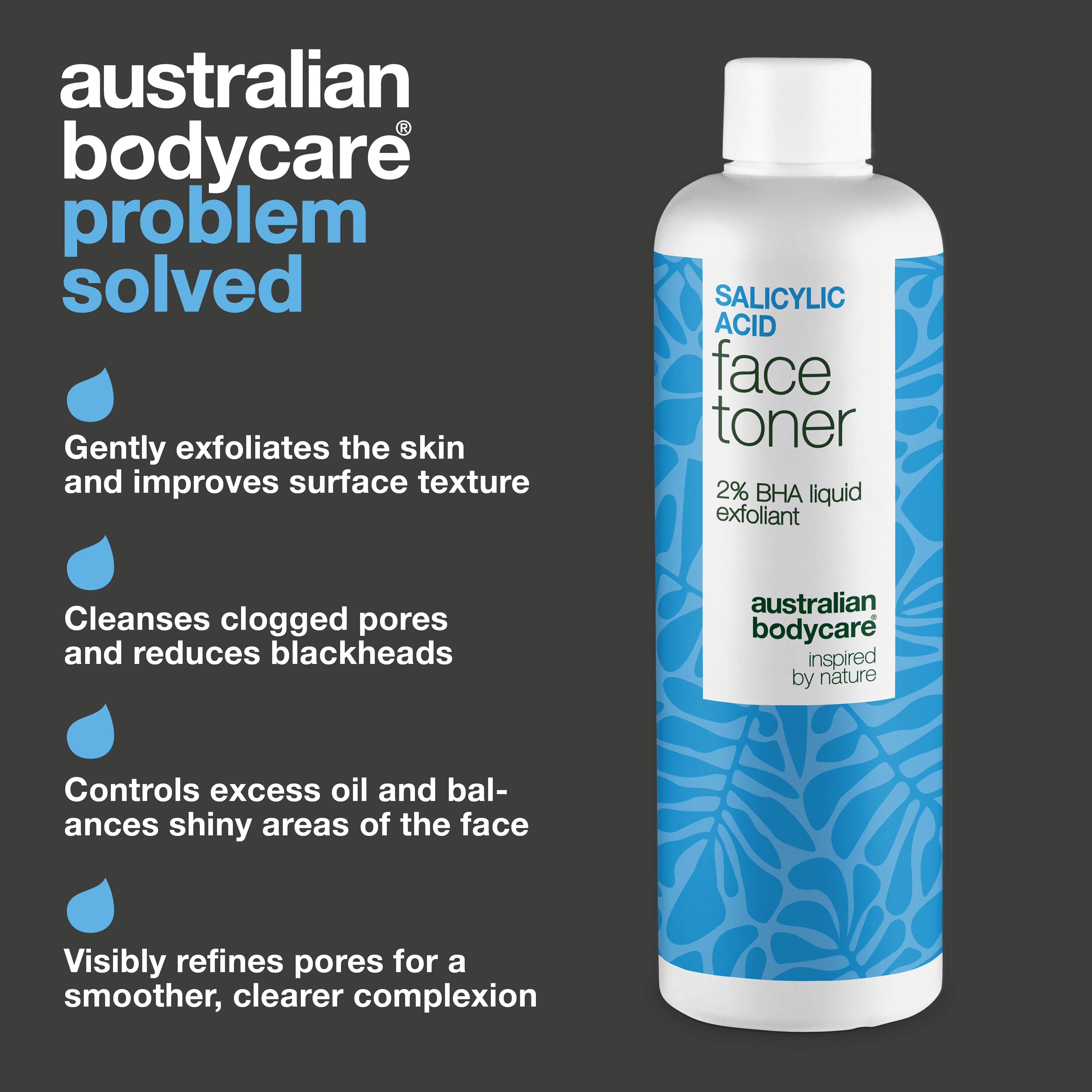 Salicylic Acid toner auttaa mustapäihin, epäpuhtauksiin ja epätasaiseen ihoon. Tehokas hoito. Sisältää Salicylic Acid – Australian Bodycare.