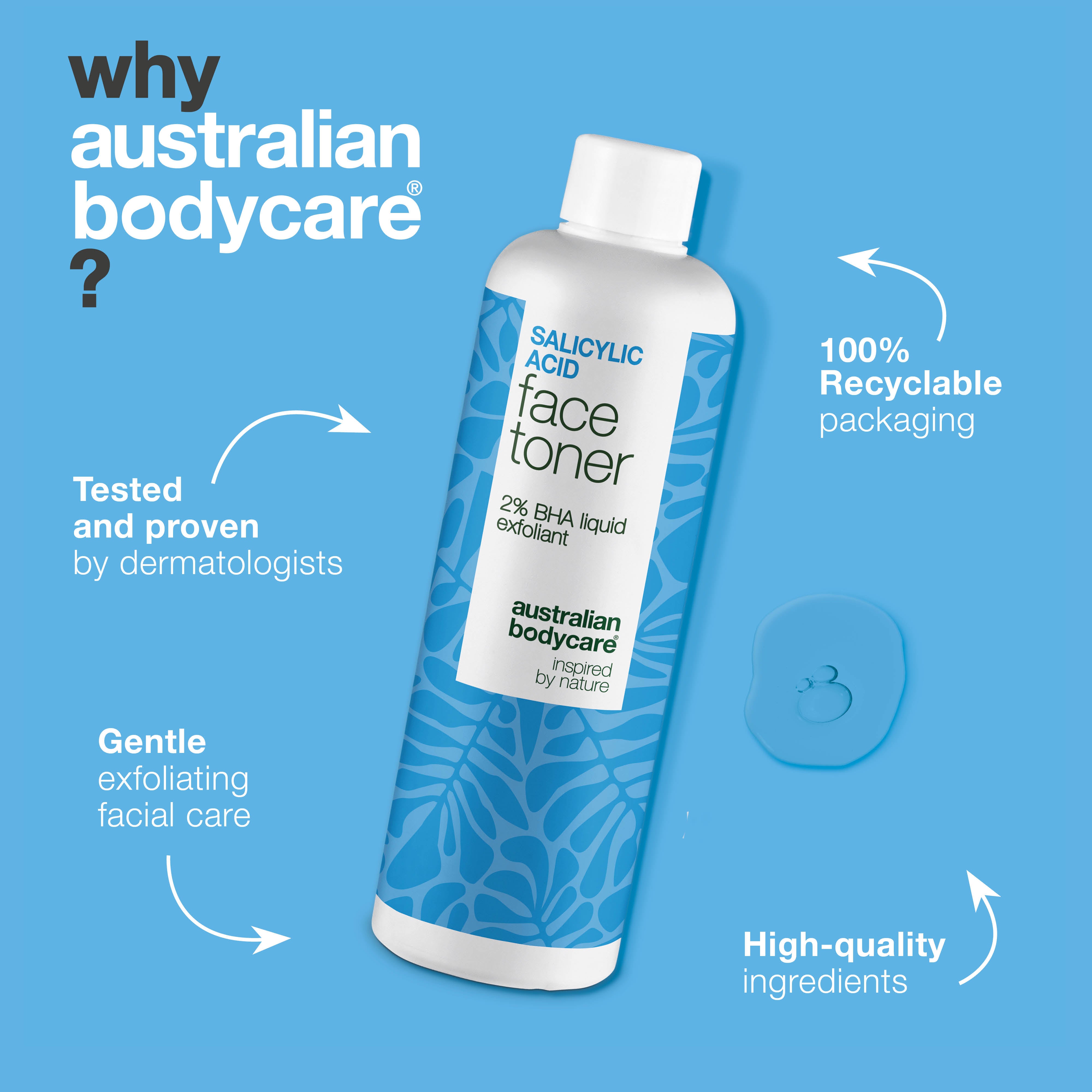 Salicylic Acid toner auttaa mustapäihin, epäpuhtauksiin ja epätasaiseen ihoon. Tehokas hoito. Sisältää Salicylic Acid – Australian Bodycare.