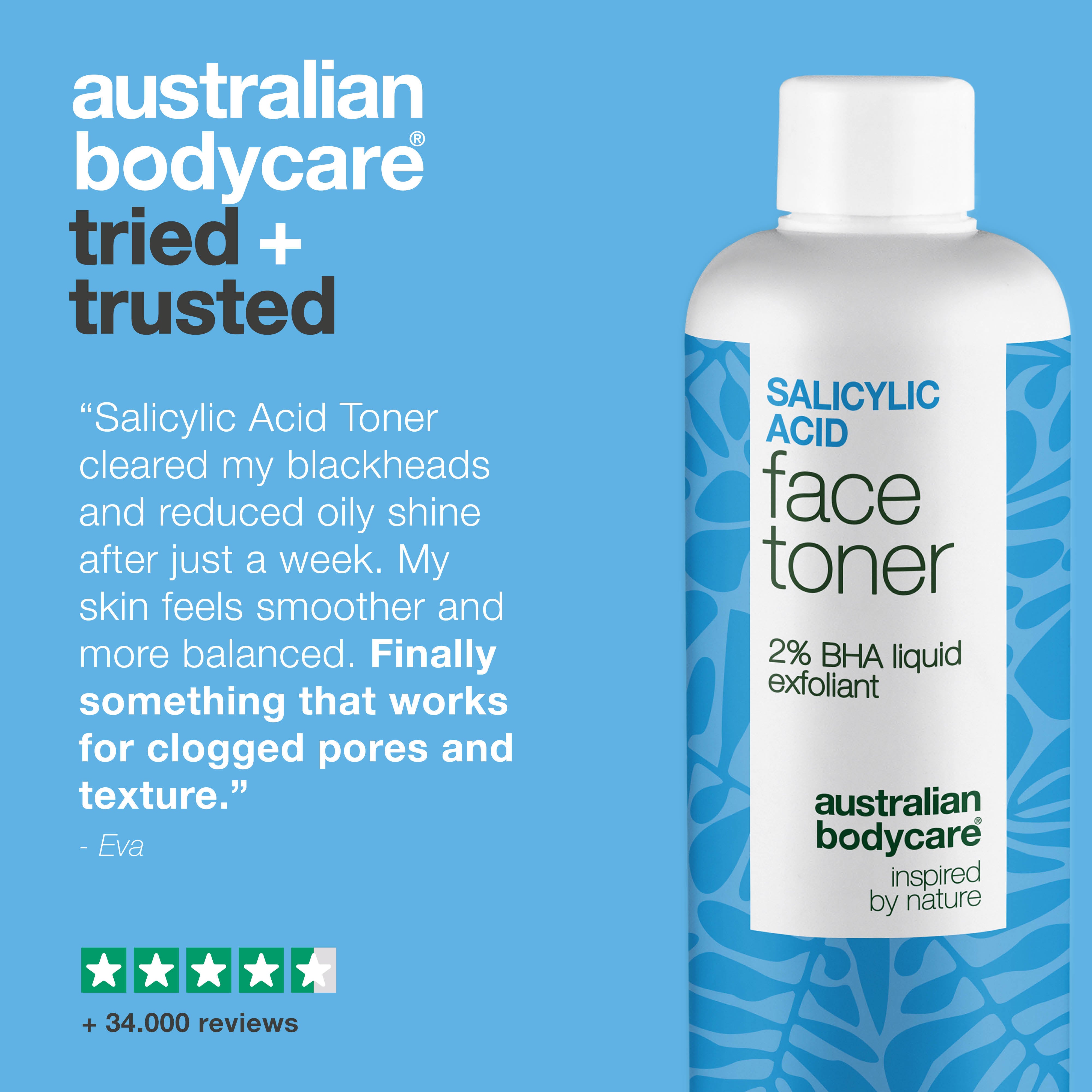 Salicylic Acid toner auttaa mustapäihin, epäpuhtauksiin ja epätasaiseen ihoon. Tehokas hoito. Sisältää Salicylic Acid – Australian Bodycare.