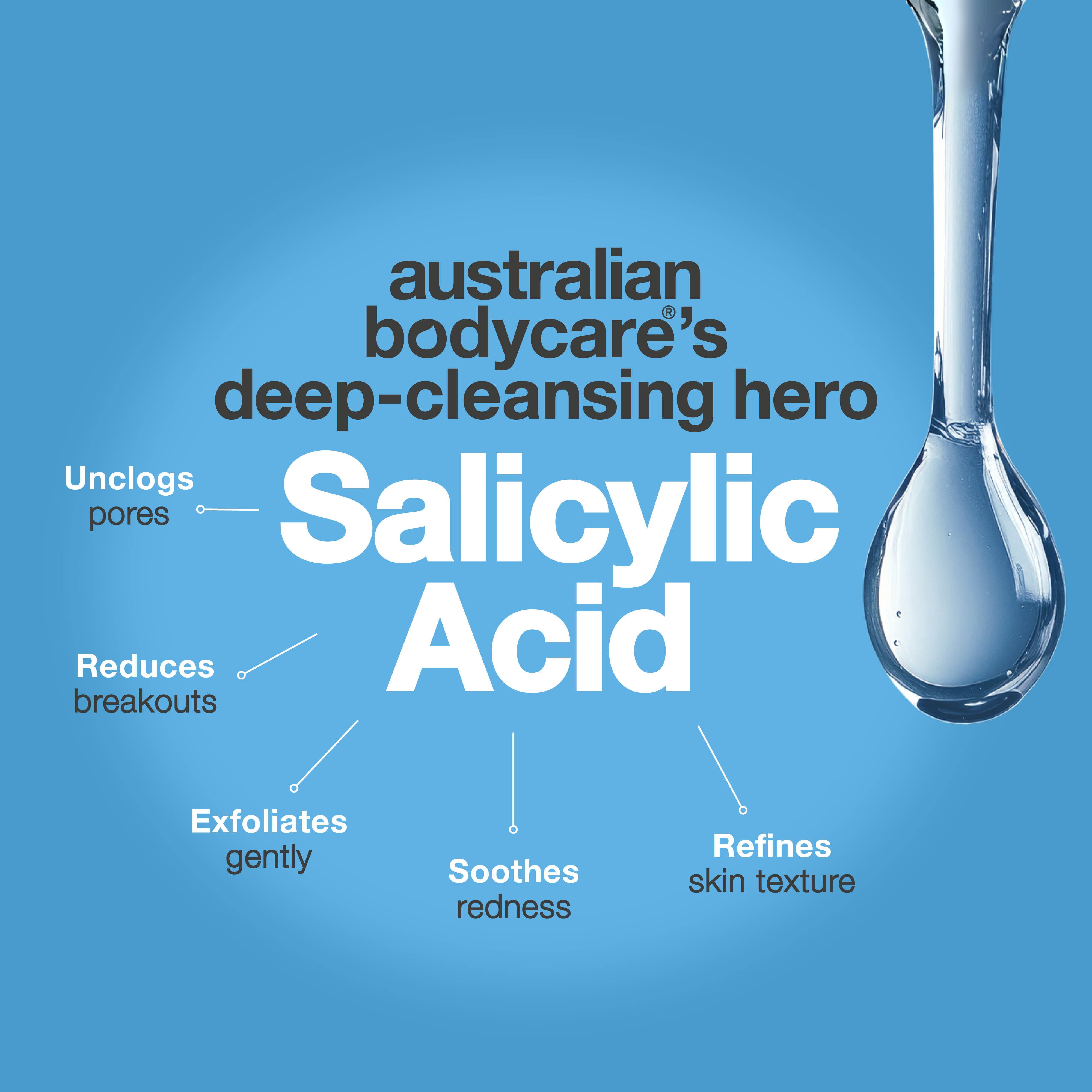 Salicylic Acid toner auttaa mustapäihin, epäpuhtauksiin ja epätasaiseen ihoon. Tehokas hoito. Sisältää Salicylic Acid – Australian Bodycare.