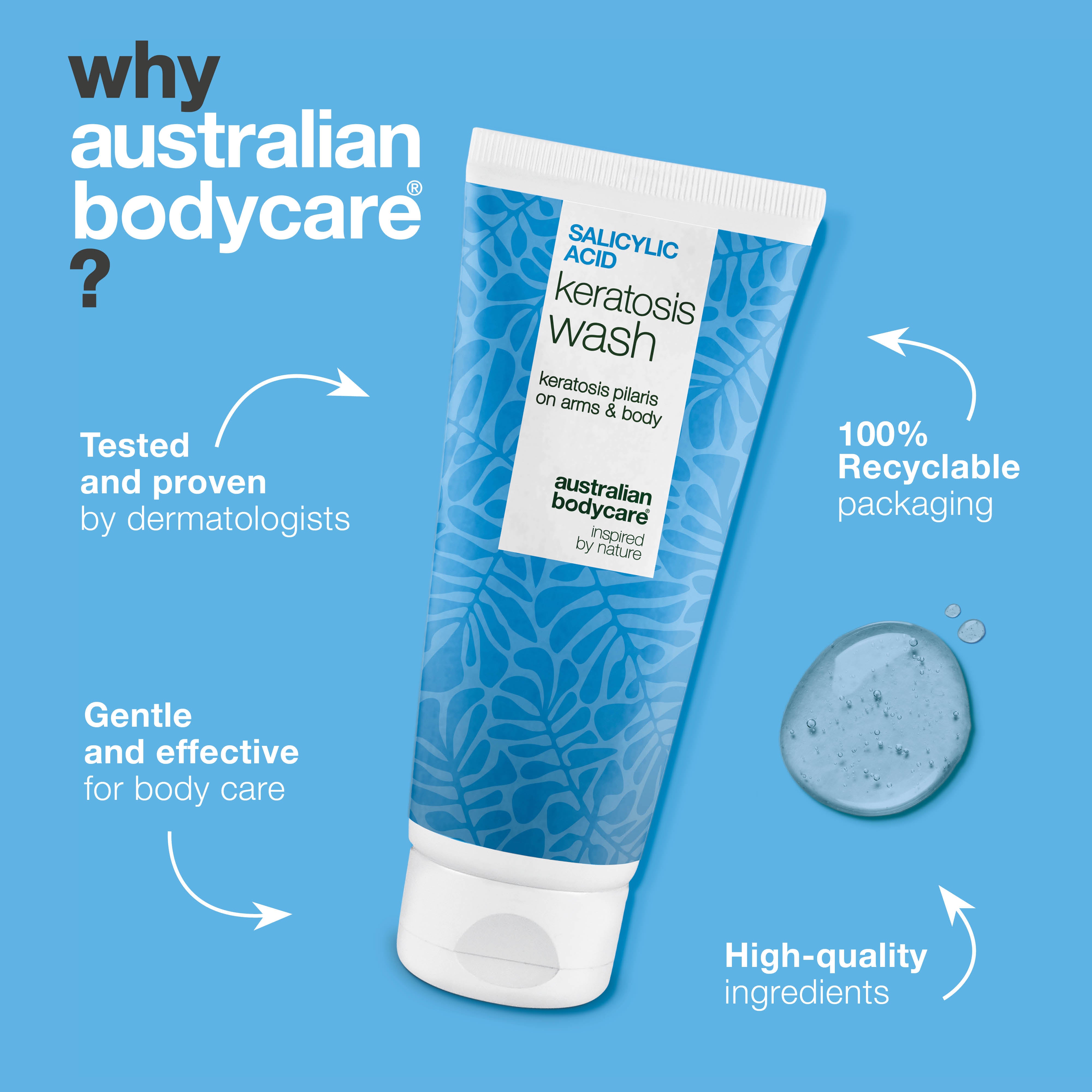 Keratosis Pilaris Body Wash keratoosi pilaris -iholle, tukkeutuneille huokosille ja punoitukselle. Salisyylihappo, niasiiniamidi, sinkki PCA ja E-vitamiini.