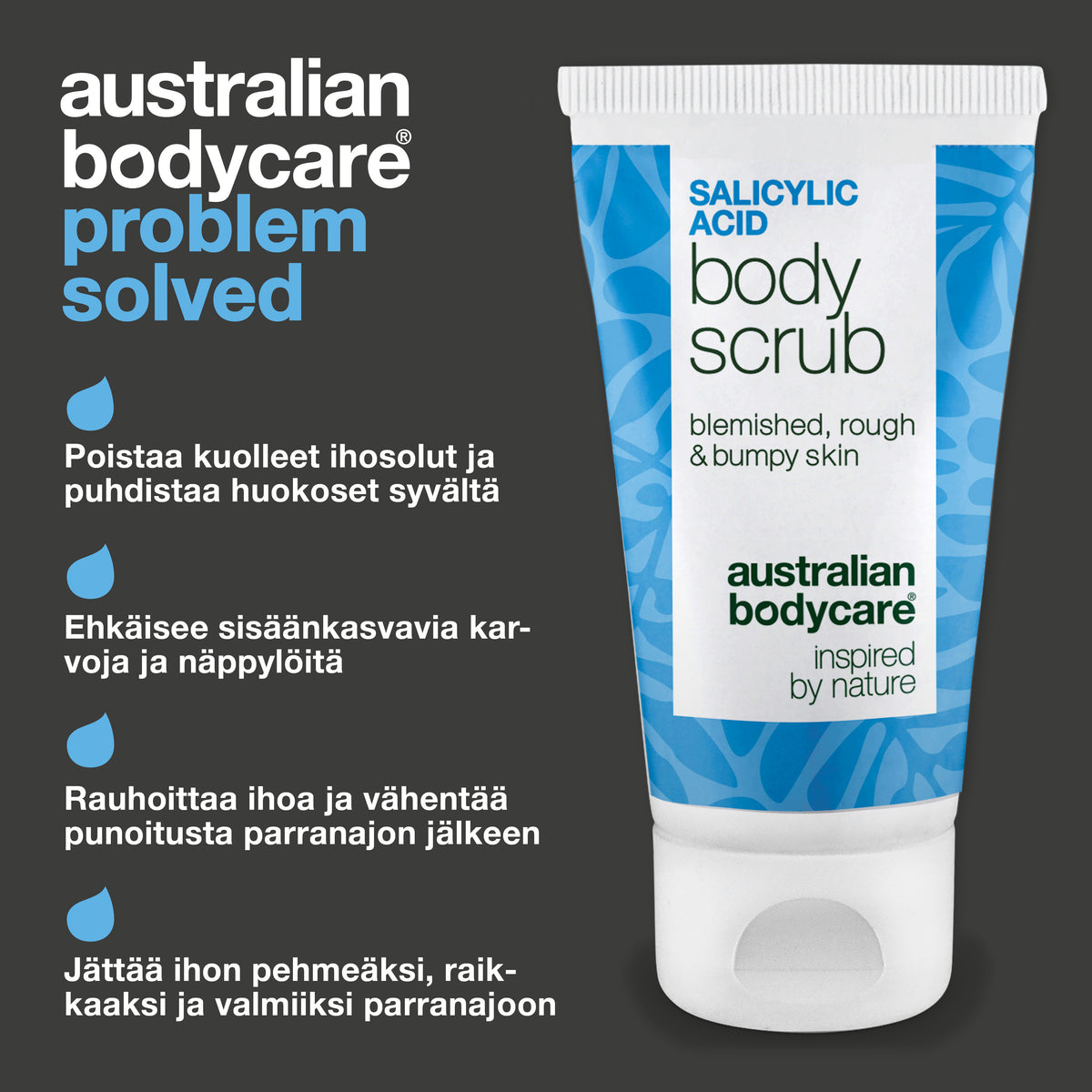 Salicylic Acid Body Scrub puhdistaa ihon syvältä ja poistaa liiallisen talin, irrottaa kuolleet ihosolut, vähentää näppylöitä selässä, hartioilla ja rinnassa ja tasoittaa karheaa ihoa