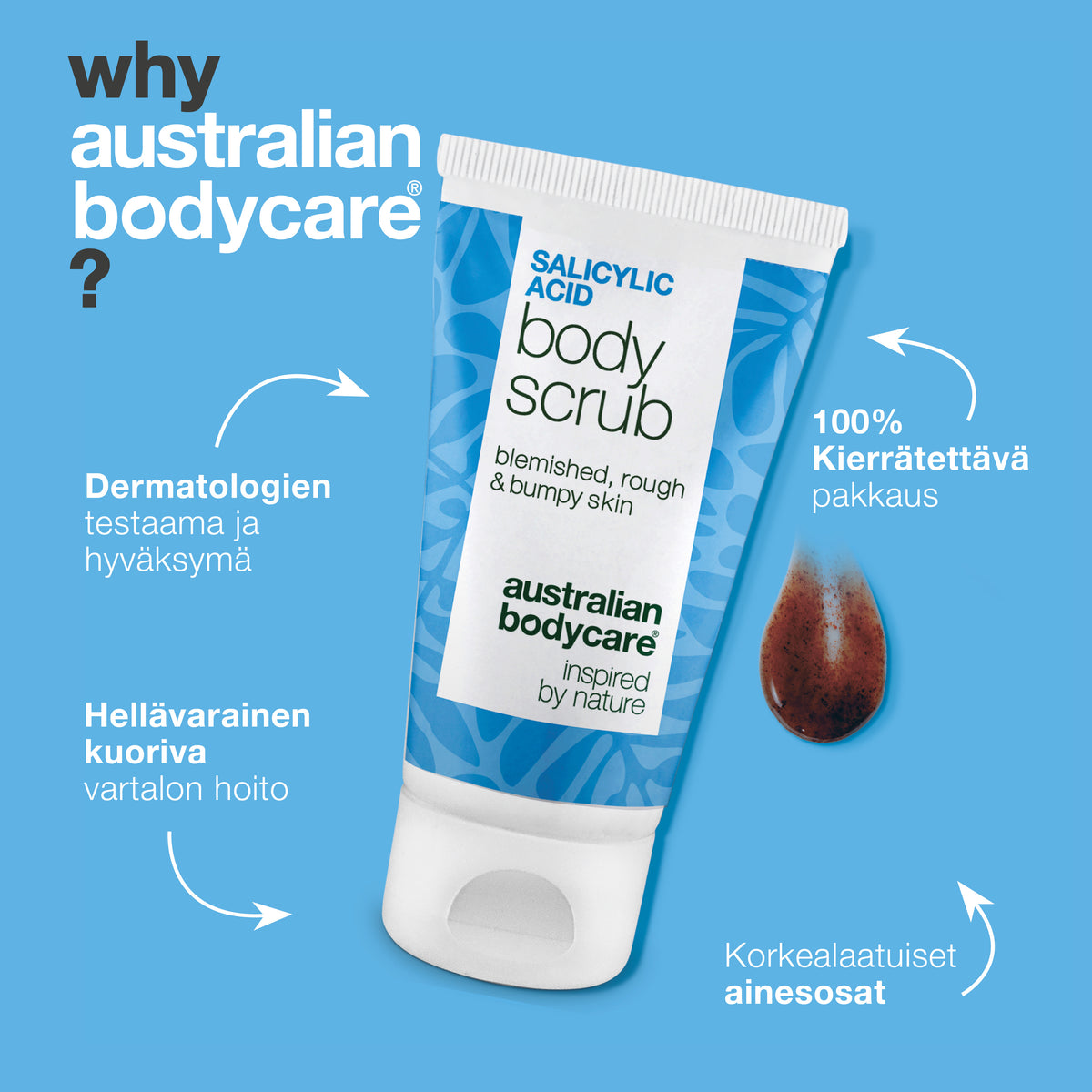Miksi Australian Bodycare: Salicylic Acid Body Scrub on dermatologien testaama ja hyväksymä, hellävarainen ja tehokas vartalonhoitoon, korkealaatuiset ainesosat ja 100 % kierrätettävä pakkaus