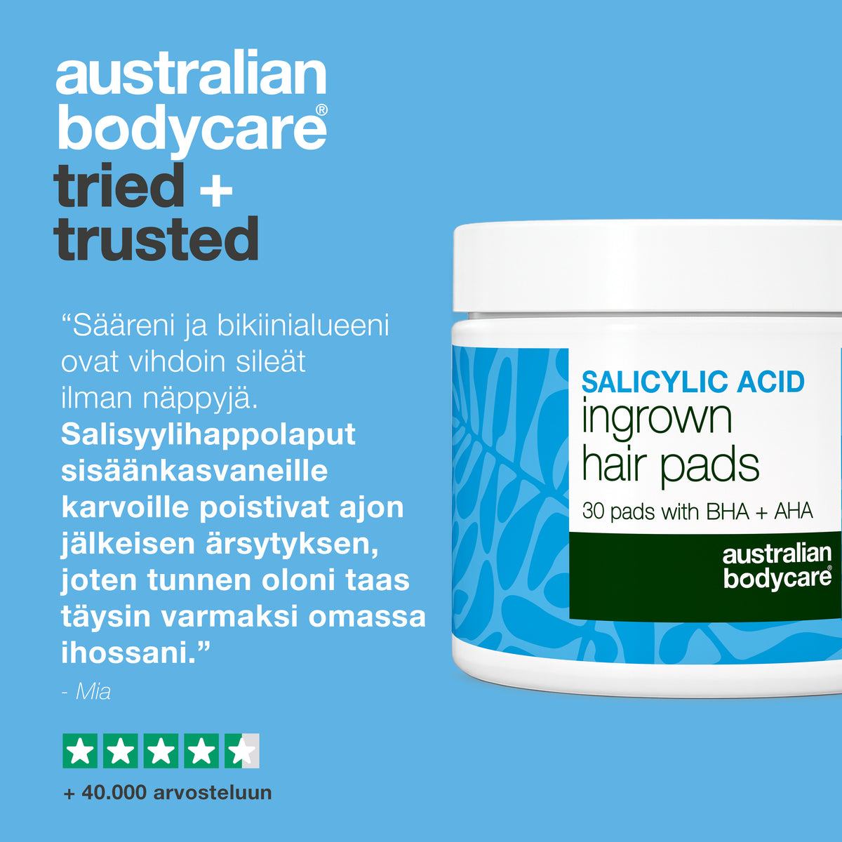 Asiakasarvio Australian Bodycaren salisyylihappolapuista sisäänkasvaneita karvoja vastaan, esitettynä neljän ja puolen tähden arvosanalla ja yli 40 000 arviolla.