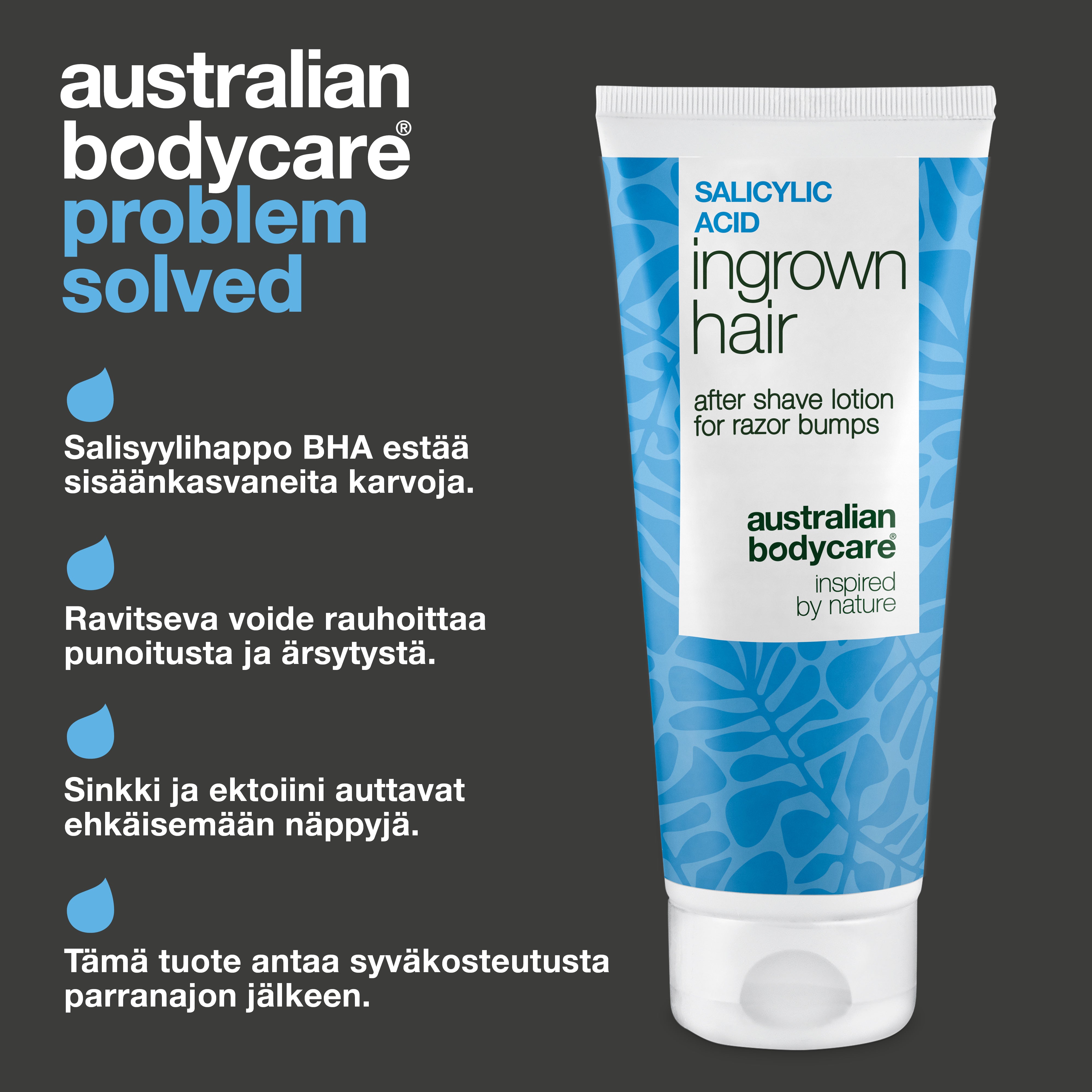 Australian Bodycare Salisyylihappo After Shave Lotion sisäänkasvaneille karvoille, punaisille näpyille, epäpuhtauksille ja ihoärsytykseen. BHA-salisyylihappoa, sinkkiä ja ektoiinia sisältävä voide kosteuttaa ihoa tehokkaasti ajon jälkeen.