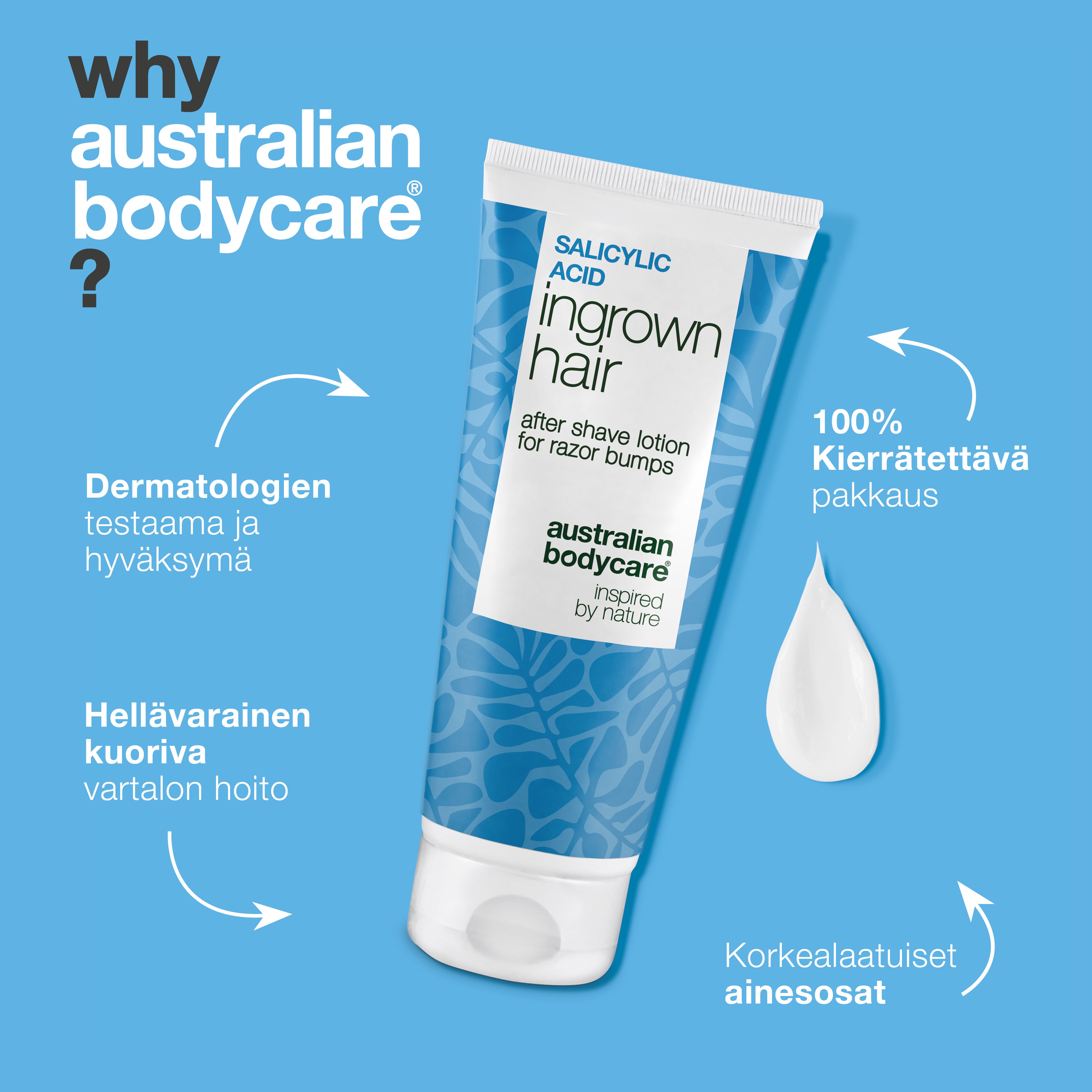 Australian Bodycare Salisyylihappo After Shave Lotion kierrätettävässä pakkauksessa. Dermatologisesti testattu, hellävarainen ja tehokas vartalonhoitotuote, joka sisältää laadukkaita ainesosia.