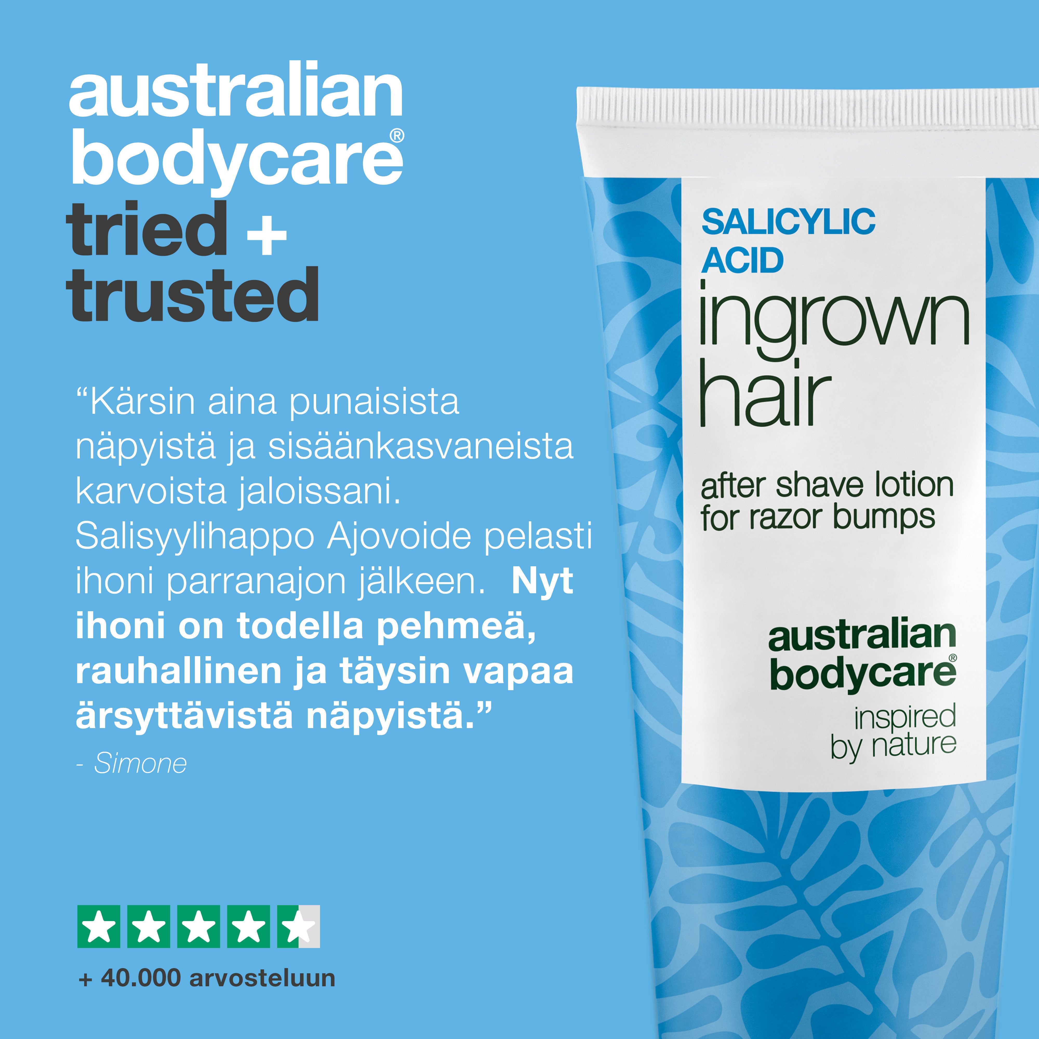Australian Bodycare Salisyylihappo After Shave Lotion sisäänkasvaneille karvoille ja punaisille näpyille. Kuvassa näkyy tuote sekä asiakasarvio, jossa kerrotaan ihon tuntuvan pehmeämmältä ja rauhoittuneemmalta ajon jälkeen. Lisäksi esillä on yli 40 000 arvostelua.
