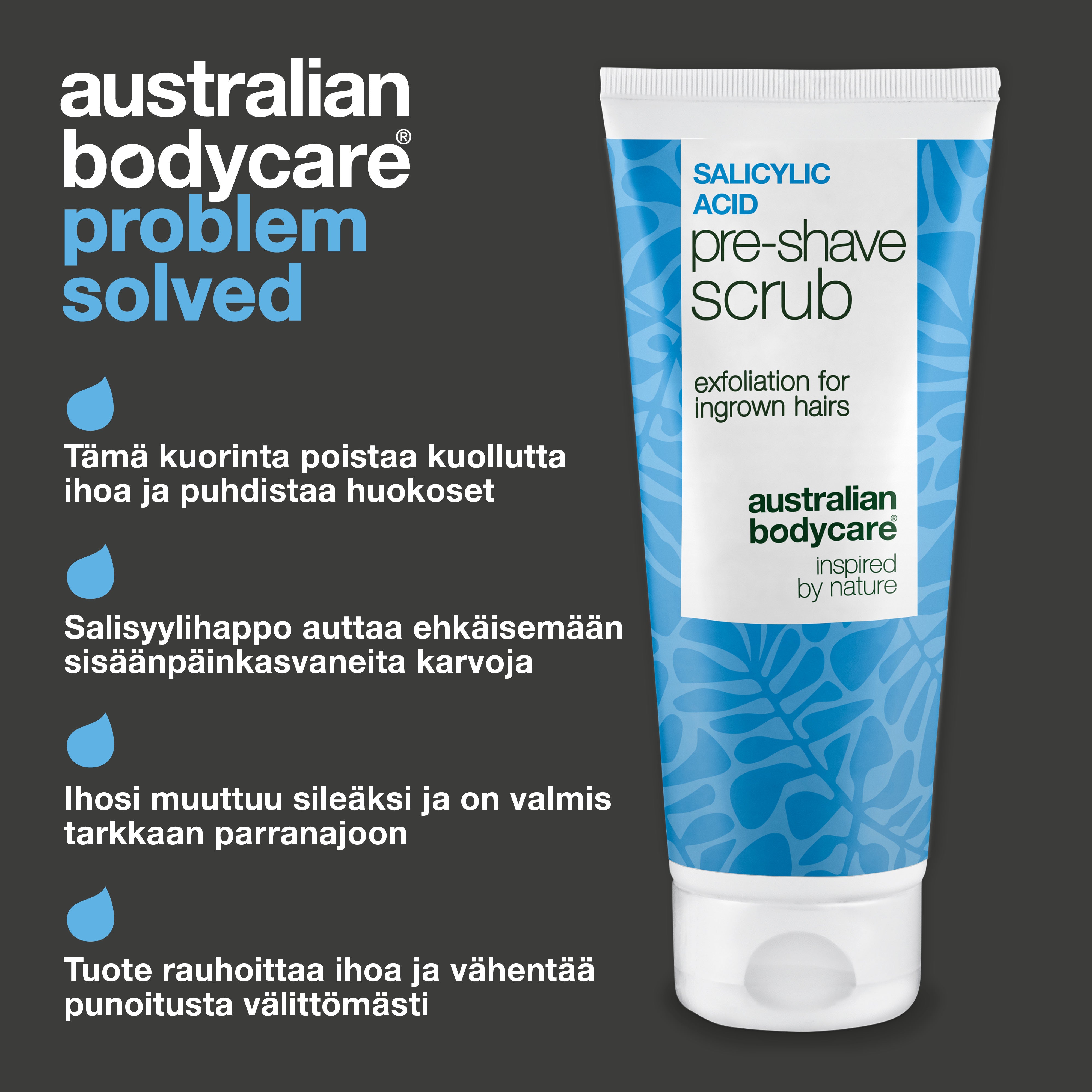 Salisyylihappo Pre-shave Scrub sisäänpäin kasvaville karvoille — Salisyylihappo Pre-shave Scrub sisäänpäin kasvaneille karvoille ja näpyille. Sileä ajo ilman kutinaa. Sisältää salisyylihappoa ja AHA-happoa.