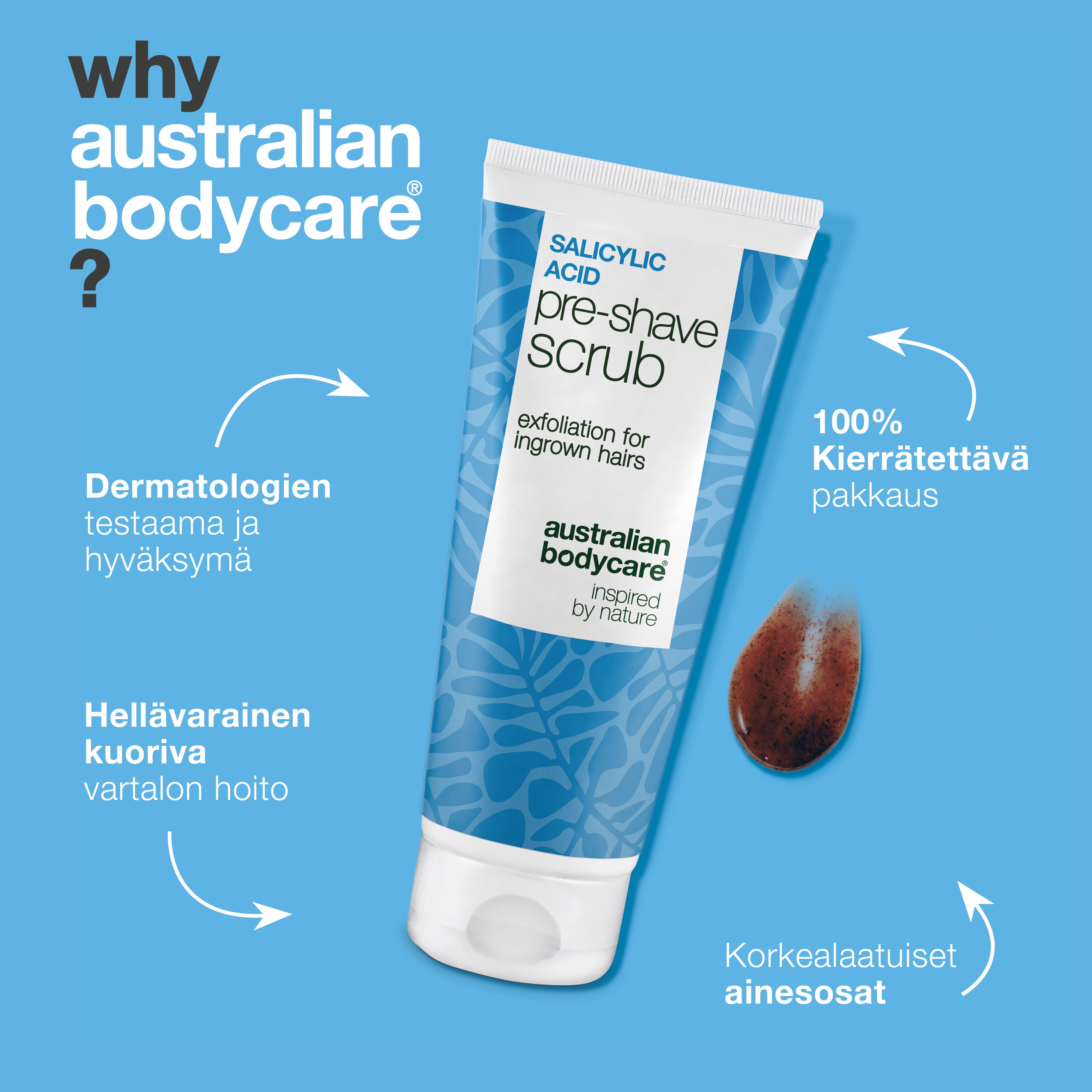 Salisyylihappo Pre-shave Scrub sisäänpäin kasvaville karvoille — Salisyylihappo Pre-shave Scrub sisäänpäin kasvaneille karvoille ja näpyille. Sileä ajo ilman kutinaa. Sisältää salisyylihappoa ja AHA-happoa.