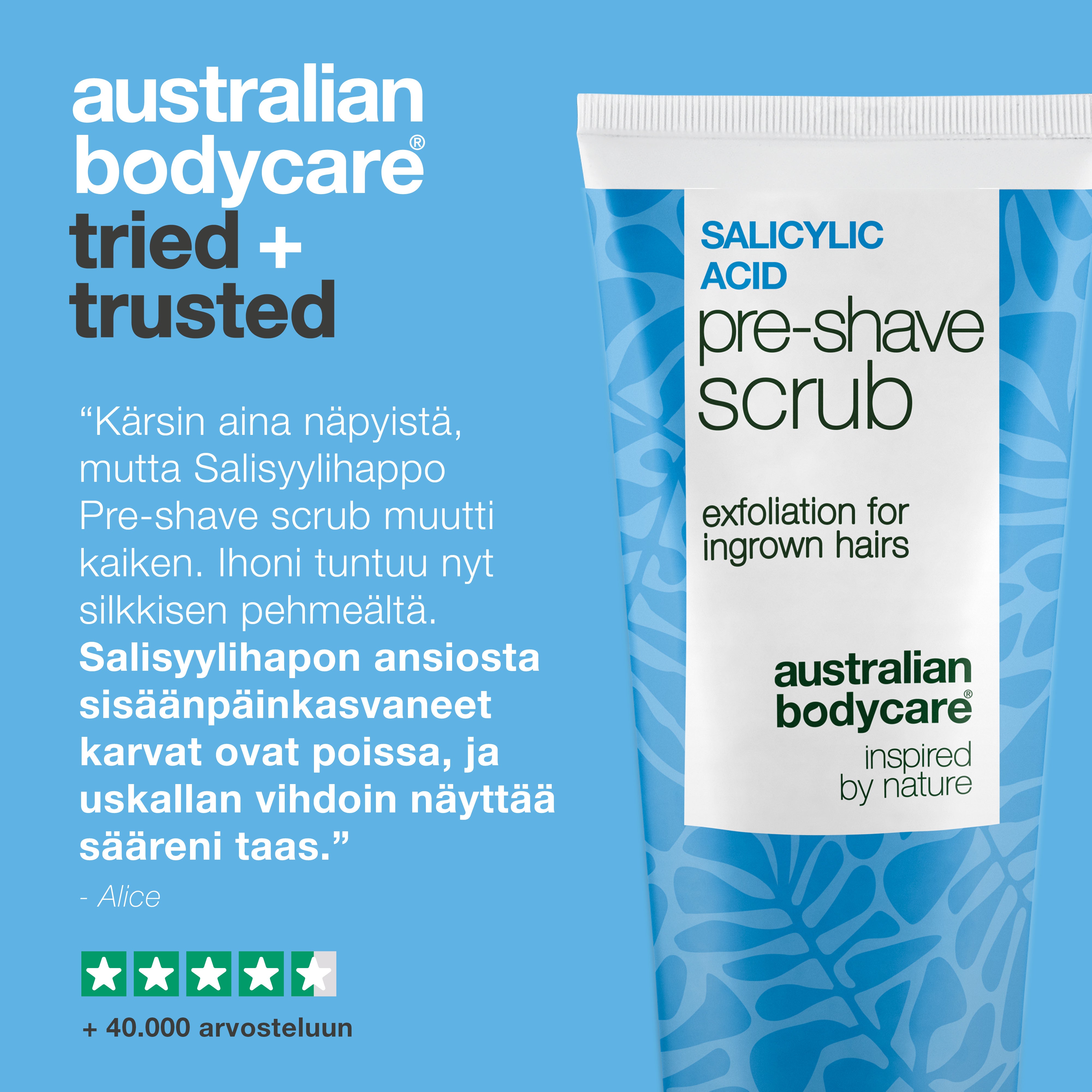 Salisyylihappo Pre-shave Scrub sisäänpäin kasvaville karvoille — Salisyylihappo Pre-shave Scrub sisäänpäin kasvaneille karvoille ja näpyille. Sileä ajo ilman kutinaa. Sisältää salisyylihappoa ja AHA-happoa.