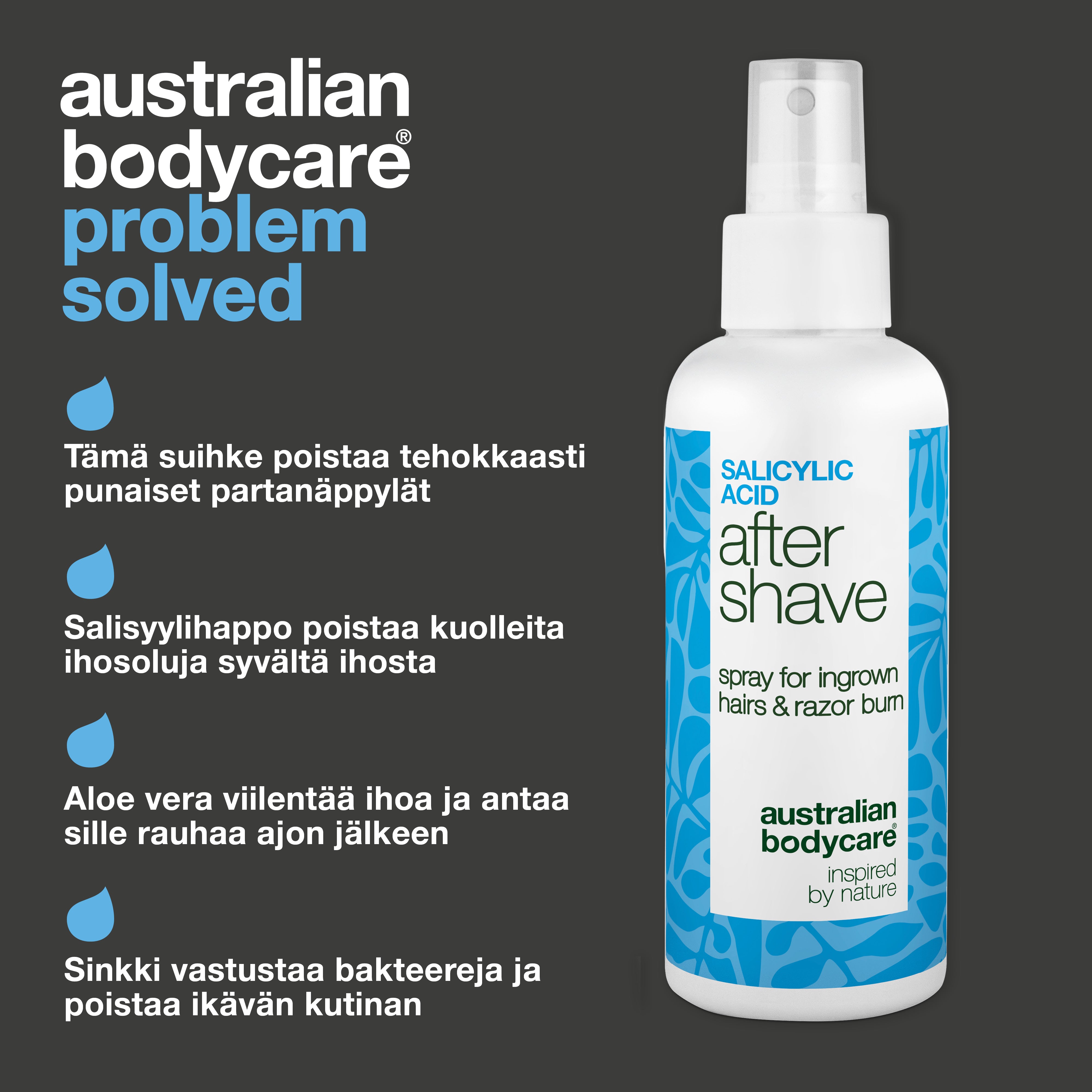 Salisyylihappo After Shave suihke näppylöihin — After Shave suihke näppylöihin ja sisäänkasvaneille karvoille. Salisyylihappo ja Aloe Vera rauhoittavat kutinaa. Kokeile heti!