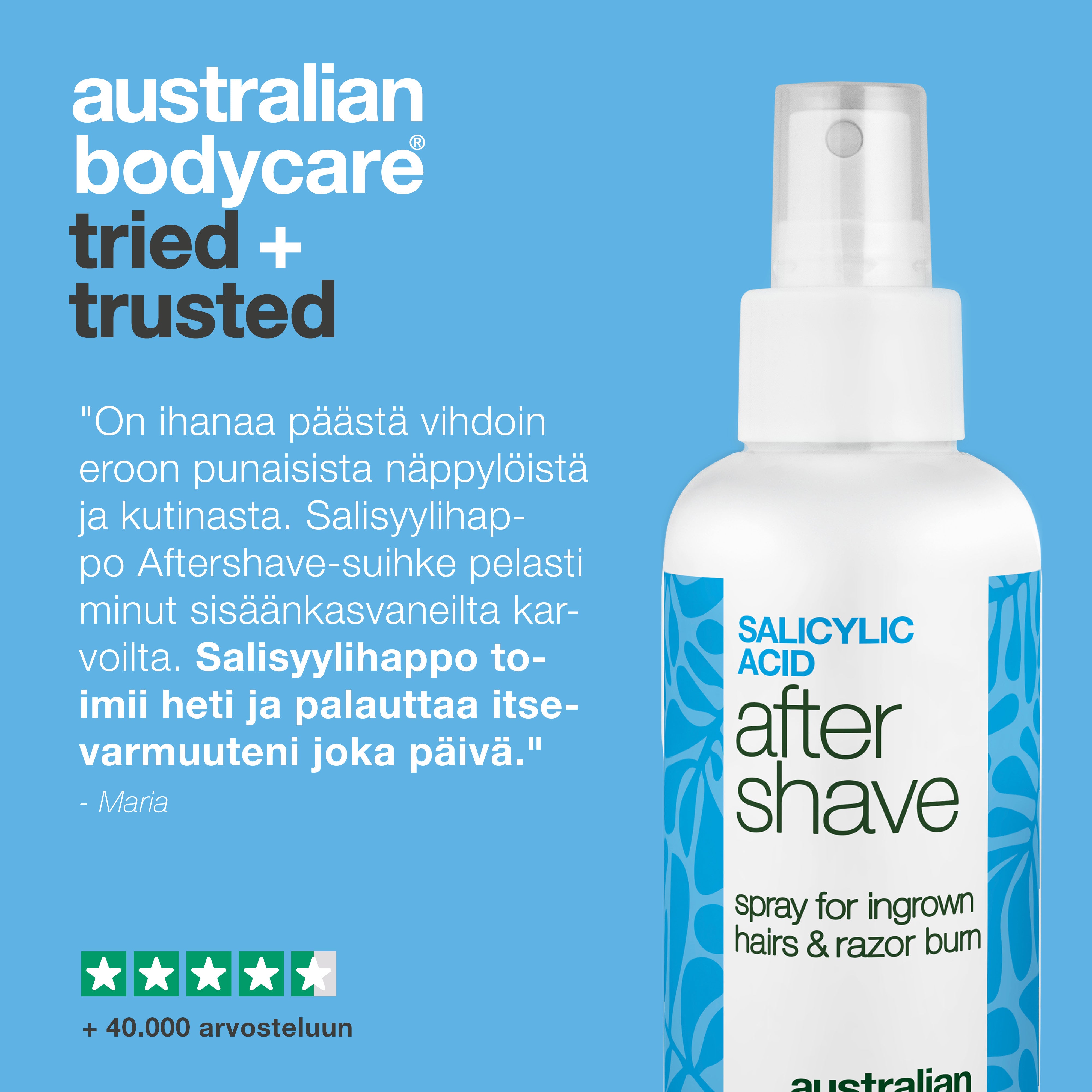 Salisyylihappo After Shave suihke näppylöihin — After Shave suihke näppylöihin ja sisäänkasvaneille karvoille. Salisyylihappo ja Aloe Vera rauhoittavat kutinaa. Kokeile heti!