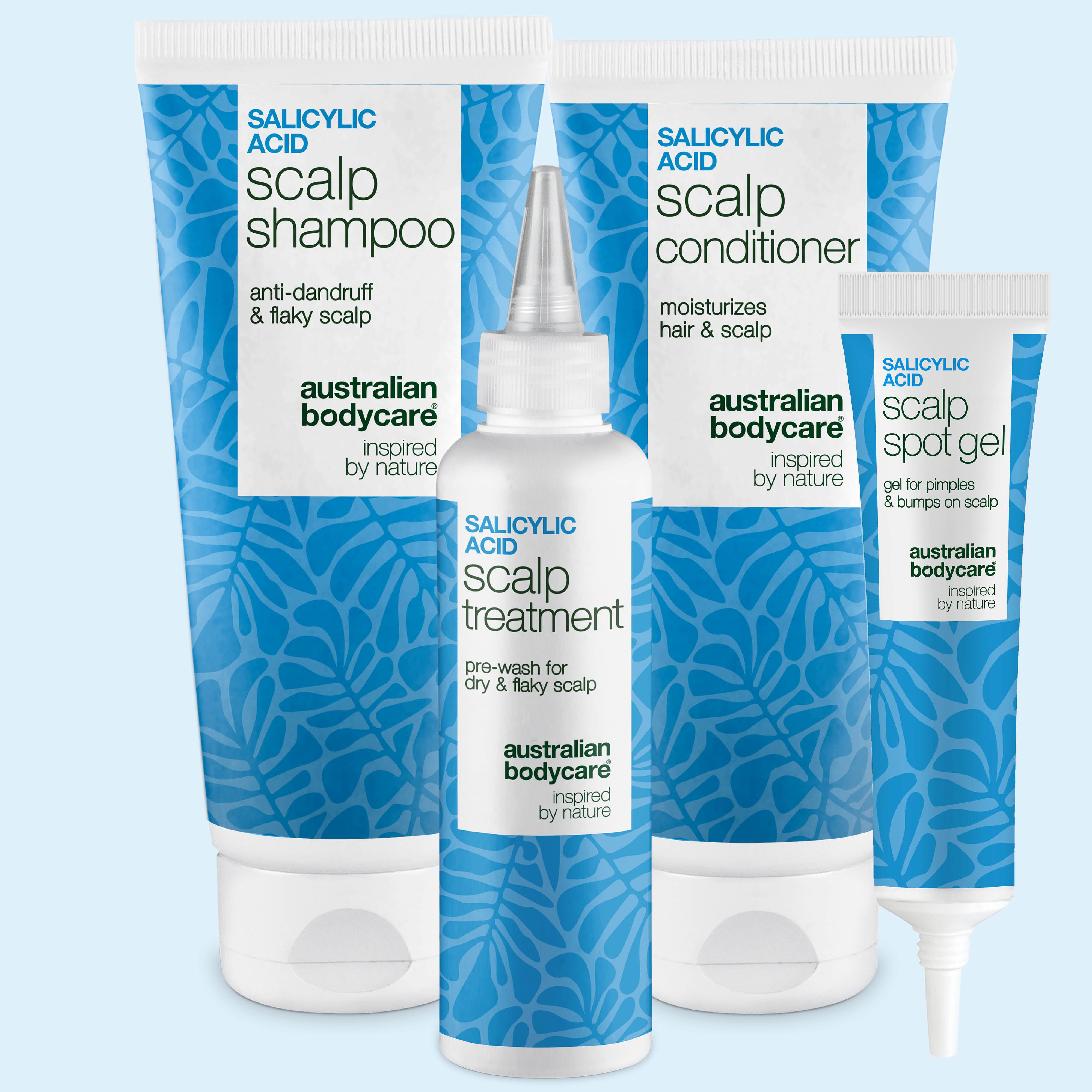Salisyylihappo-päänahkasetti: scalp shampoo, hoitoaine, päänahan kuorinta ja täsmägeeli näppylöihin – Australian Bodycare
