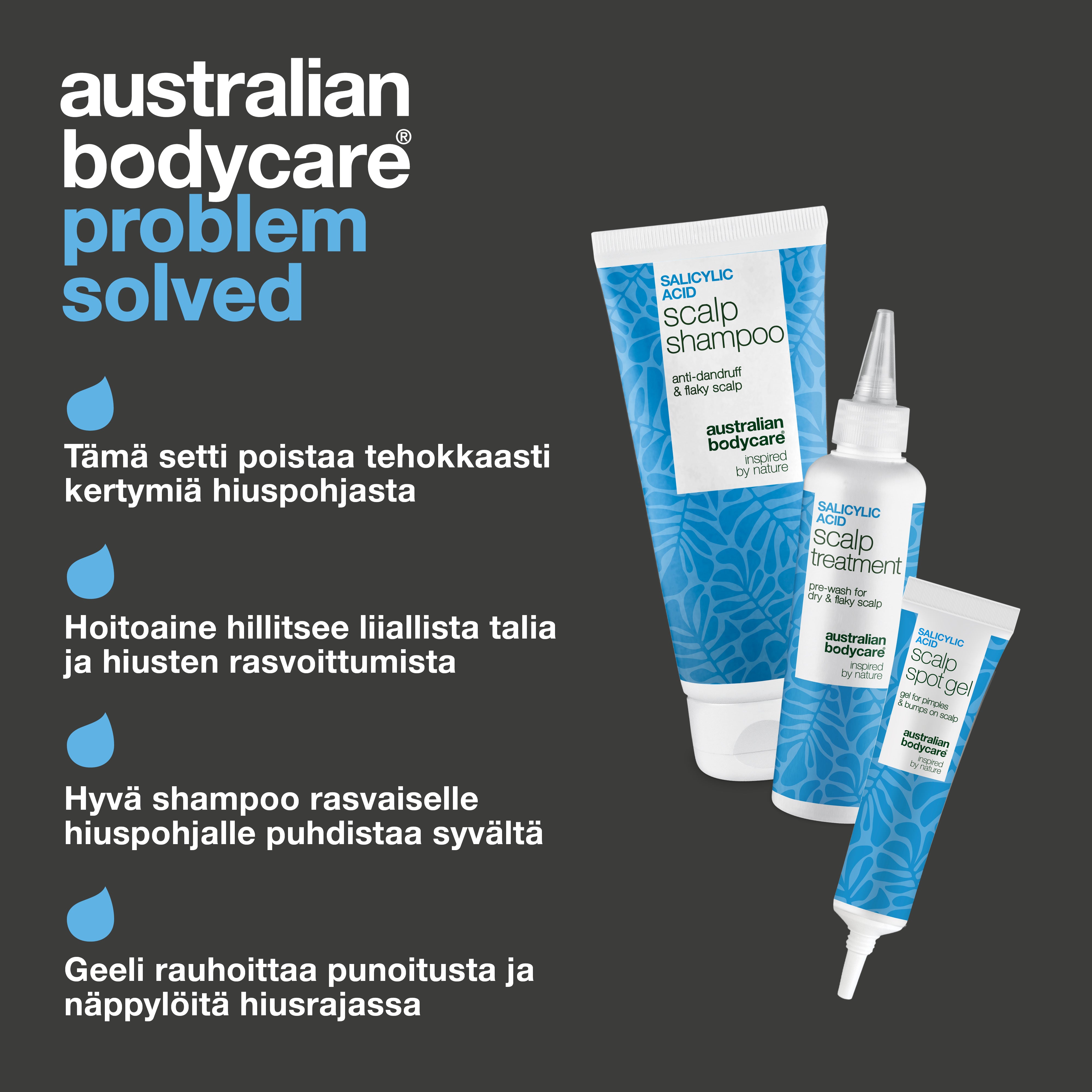 Setin edut: poistaa kertymät päänahasta, kuorinta hillitsee talia, syväpuhdistava shampoo ja täsmägeeli näppylöihin