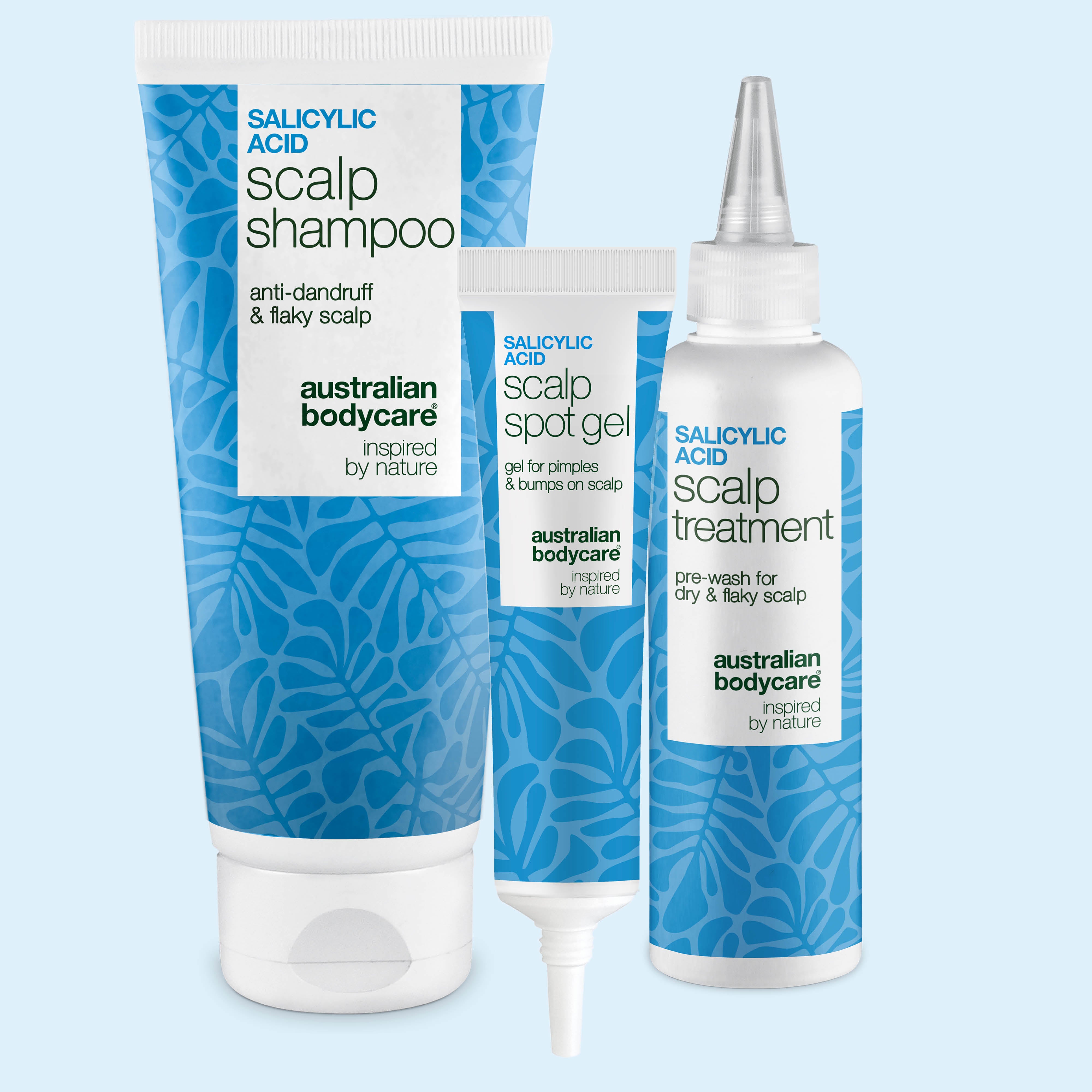 Salisyylihapposetti rasvoittuvalle päänahalle: scalp shampoo, päänahan kuorinta ja täsmägeeli – Australian Bodycare