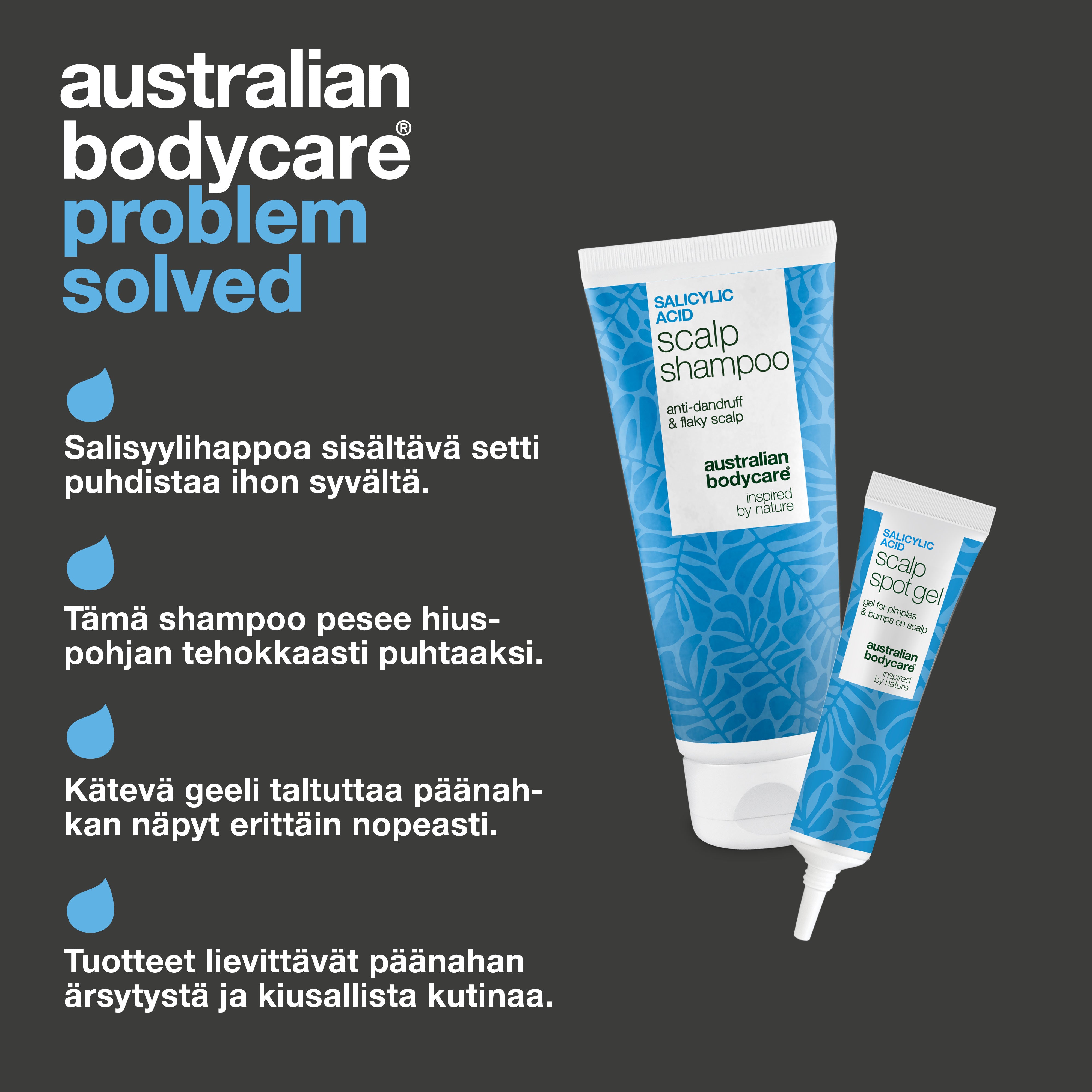 Setin edut: syväpuhdistava shampoo ja salisyylihappoa sisältävä täsmägeeli, joka rauhoittaa arat näppylät