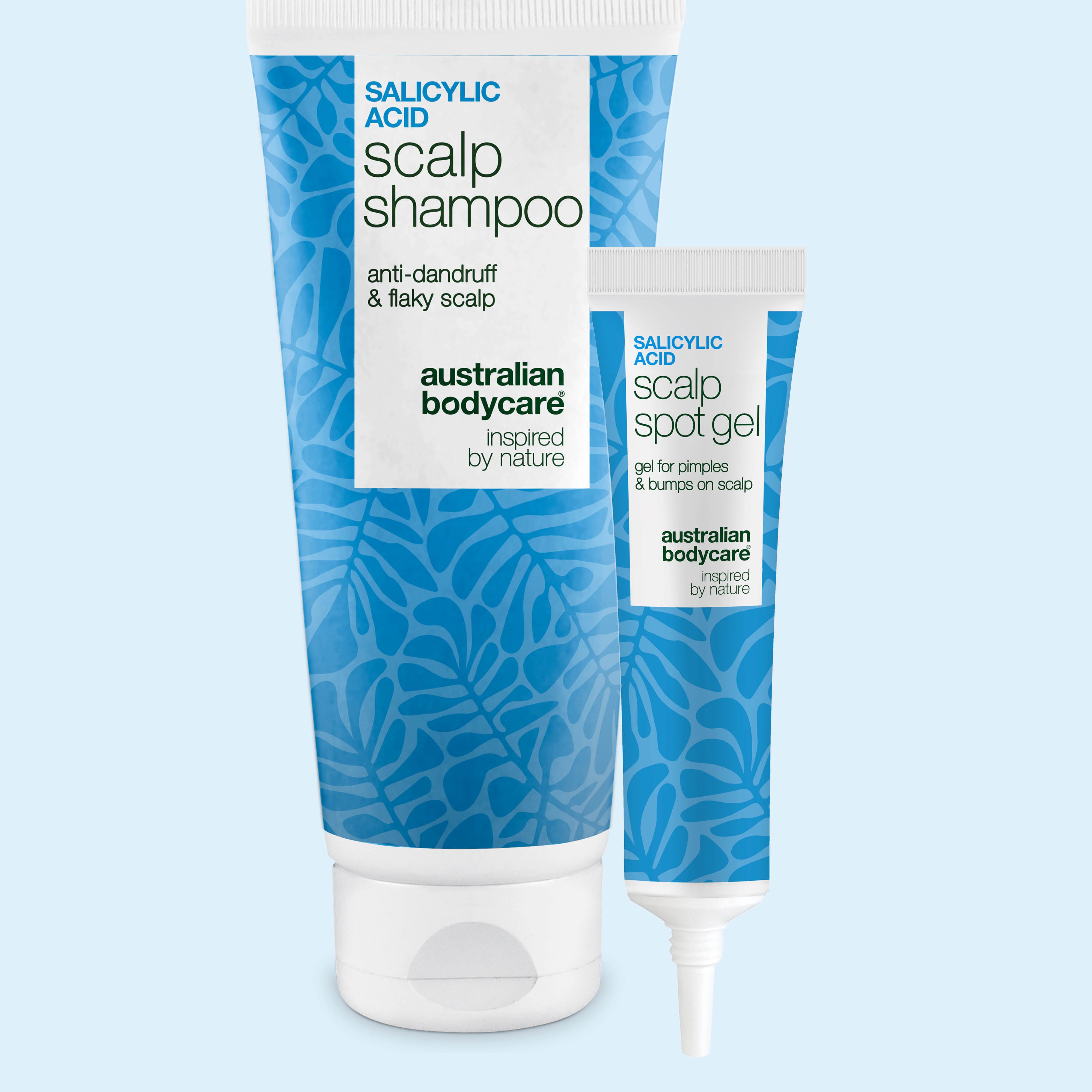 Setti päänahan näppylöihin: salisyylihappo scalp shampoo ja täsmägeeli – Australian Bodycare