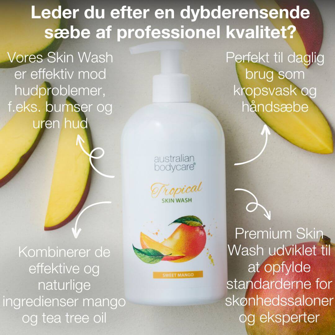 Kehonpesu ongelmattomaan ihoon — Luonnollinen pesu puhtaalle ja raikkaalle iholle, mango-tuoksu.