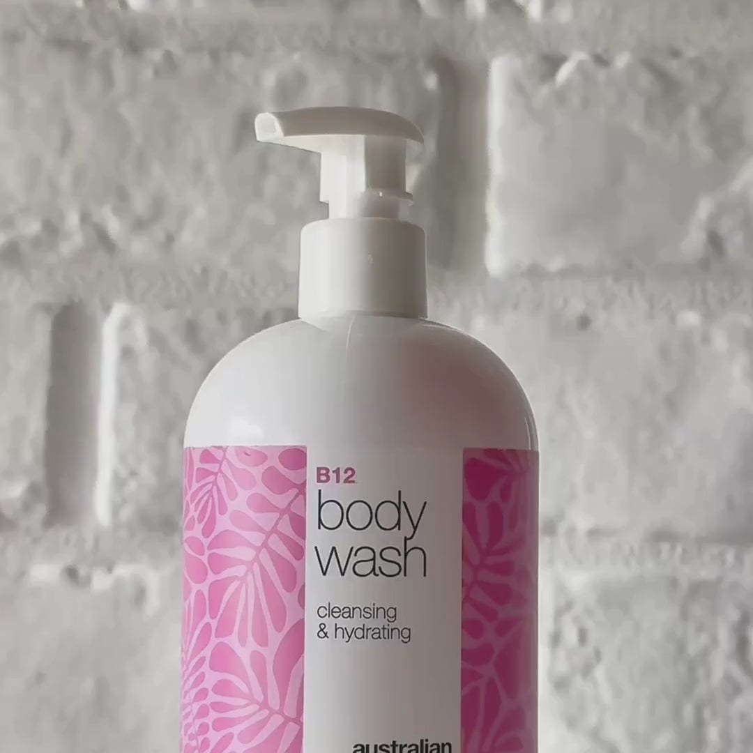 Video Australian Bodycare Vitamin B12 Body Wash – vaaleanpunainen geelimäinen suihkusaippua, joka puhdistaa ja hoitaa ihoa