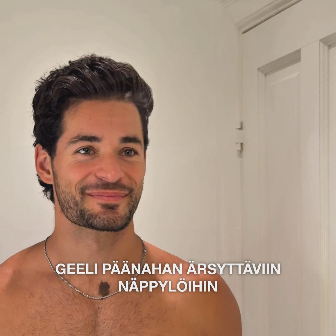 Video: mies hymyilee kameralle ja tekstissä lukee ”geeli päänahan ärsyttäviin näppylöihin”. Salisyylihappo Scalp Spot Gel Australian Bodycarelta.