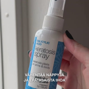 Spray keratosis pilarikseen ja kananliha-ihoon. Sisältää salisyylihappoa, glykolihappoa, glyseriiniä ja pantenolia – tasoittaa ja kosteuttaa ihoa.