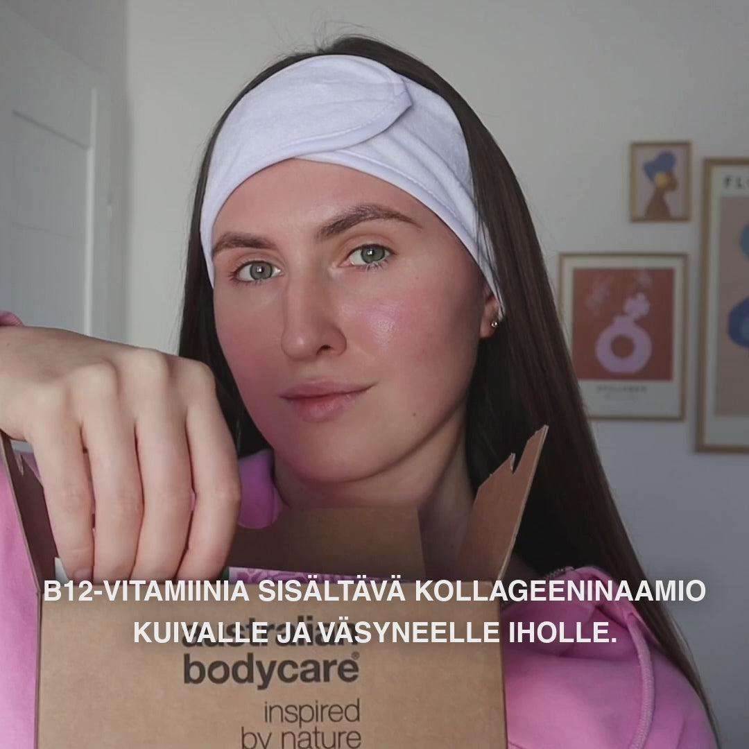 B12 Kollageeninaamio kuivalle ja väsyneelle iholle — B12 Kollageeninaamio kuivalle iholle. Sisältää B12-vitamiinia, niasiiniamidia, peptidejä, kollageenia ja hyaluronihappoa.
