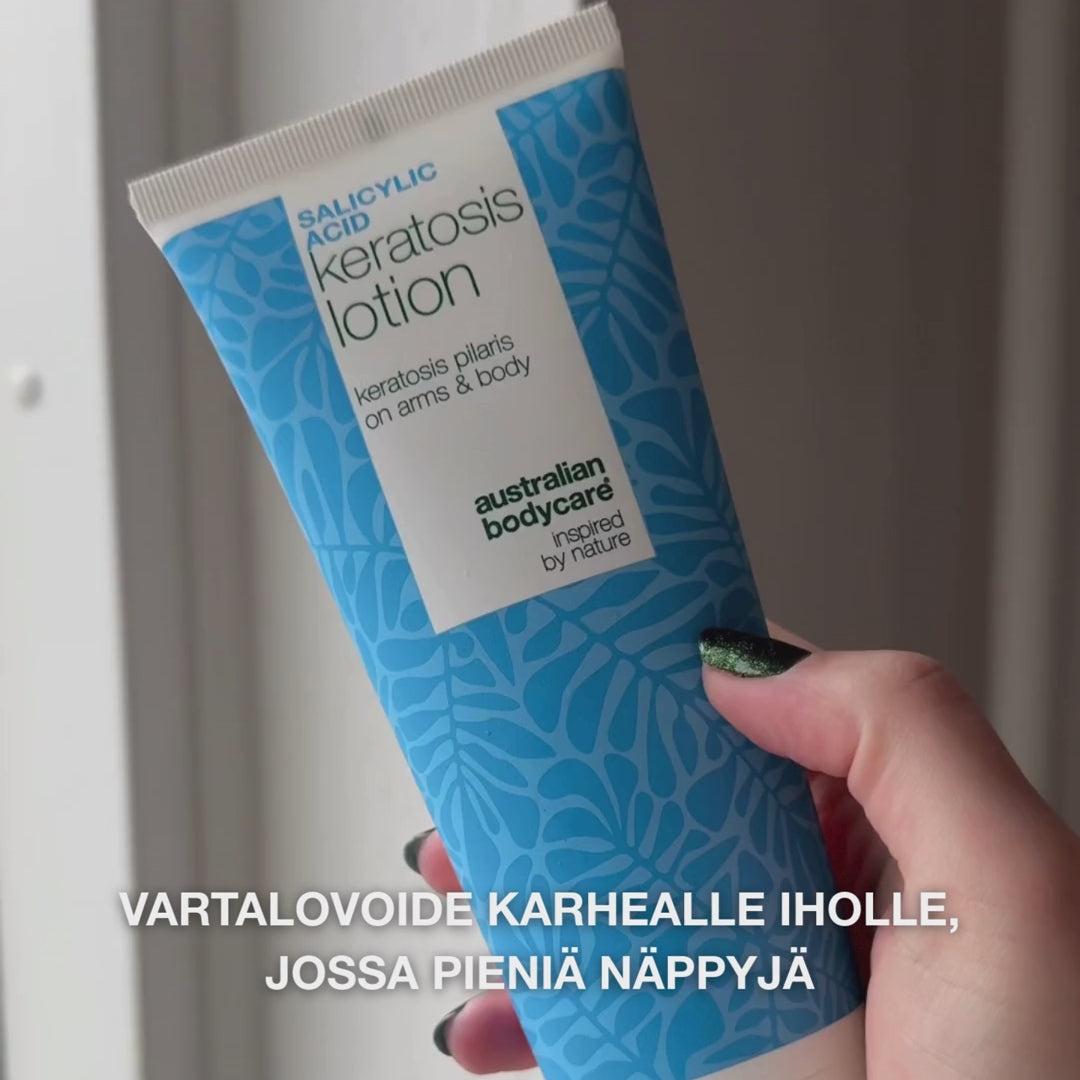 Keratosis pilaris -vartalovoide pehmentää ja tasoittaa ihoa. Sisältää salisyylihappoa, niasiiniamidia ja sinkki PCA:ta.